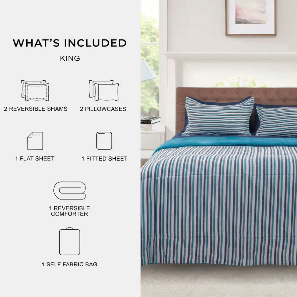 Fluffy Down Alternative All in One Reversible Comforter and Sheet Set- 7 Piece, Queen, Blue Pinstripe - All-Season Down Alternative Comforter Insert Detail
