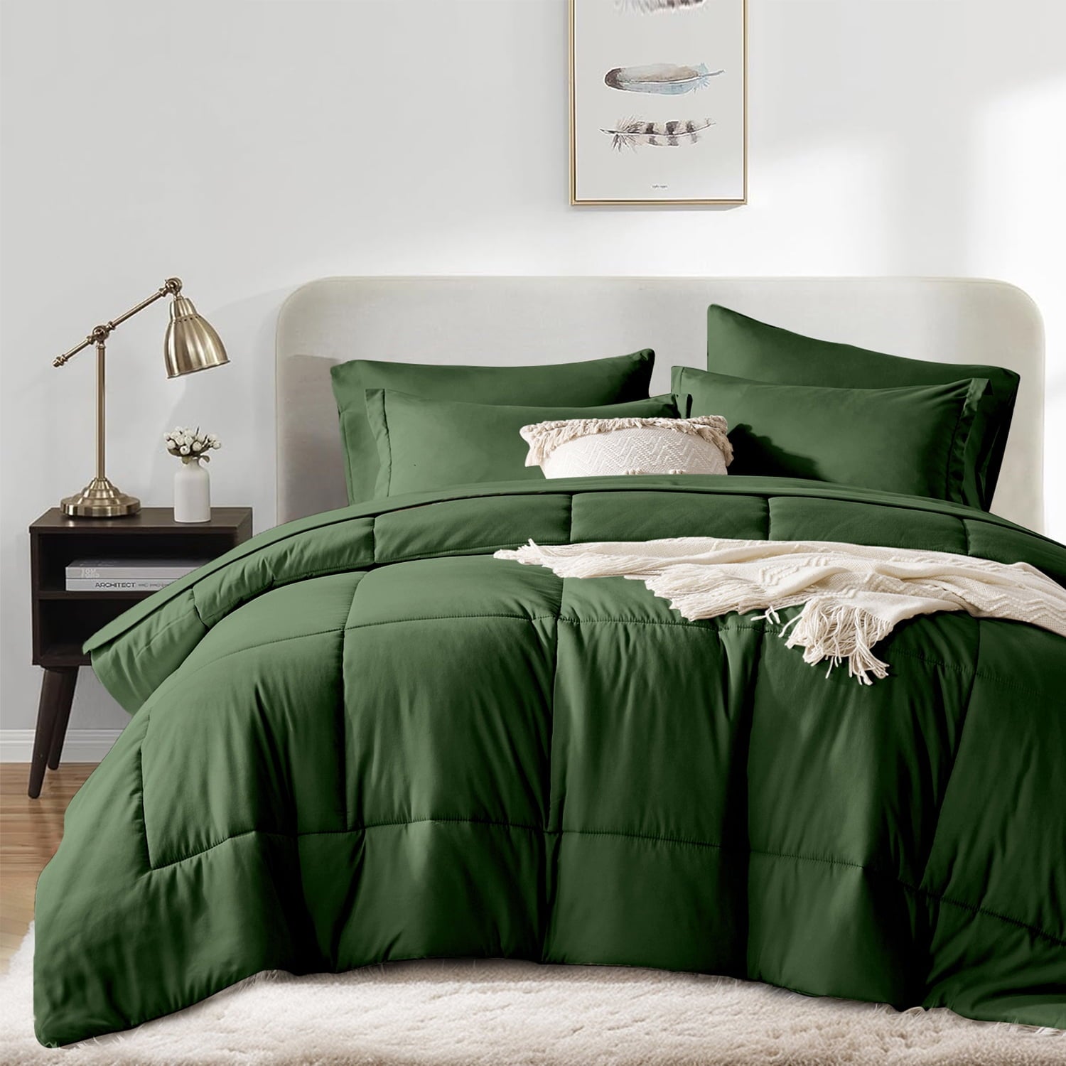 Heavyweight Warmth Queen Comforter Set Forest Green Bed in a Bag Queen Size 7 Pieces Soft Bed Set Lightweight Microfiber Green Bedding C... - Luxurious Quilted Duvet Cover Set Detail