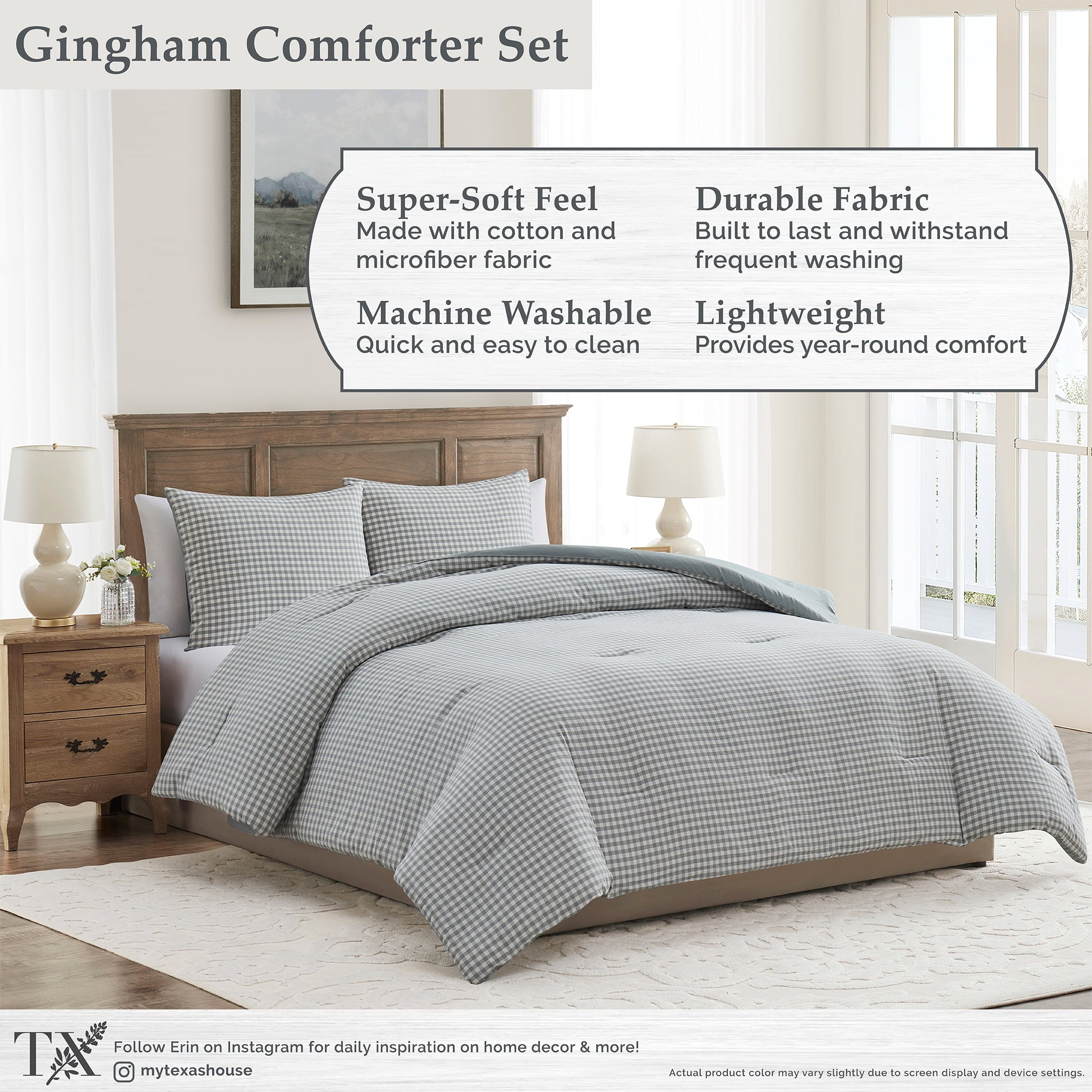 Heavyweight Warmth Full/Queen Comforter Set, All-Season, 3-Piece, Green Gingham Plaid - Cloud-Like Soft Lightweight Bed Comforter Detail