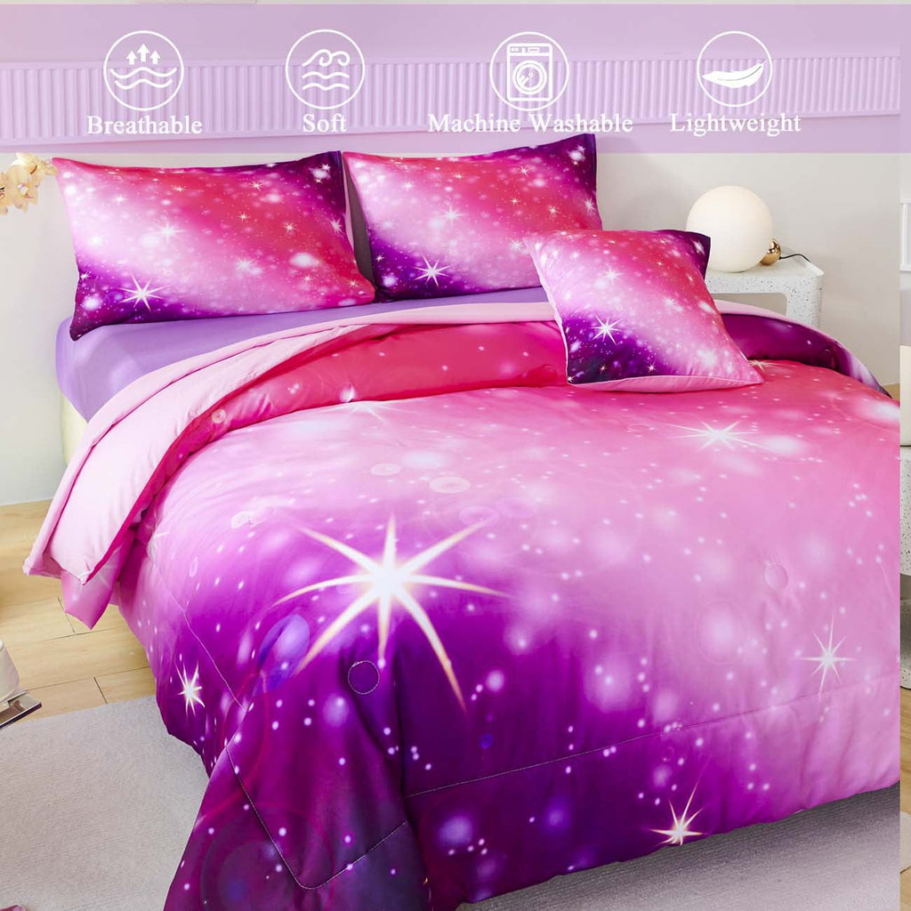 Fluffy Down Alternative 4Pcs Rainbow Twin Size Comforter Set for Girls, Pink Purple Gradient Glitter Kids Bedding Sets, Soft Galaxy Girls Bed... - Luxurious Quilted Duvet Cover Set Detail