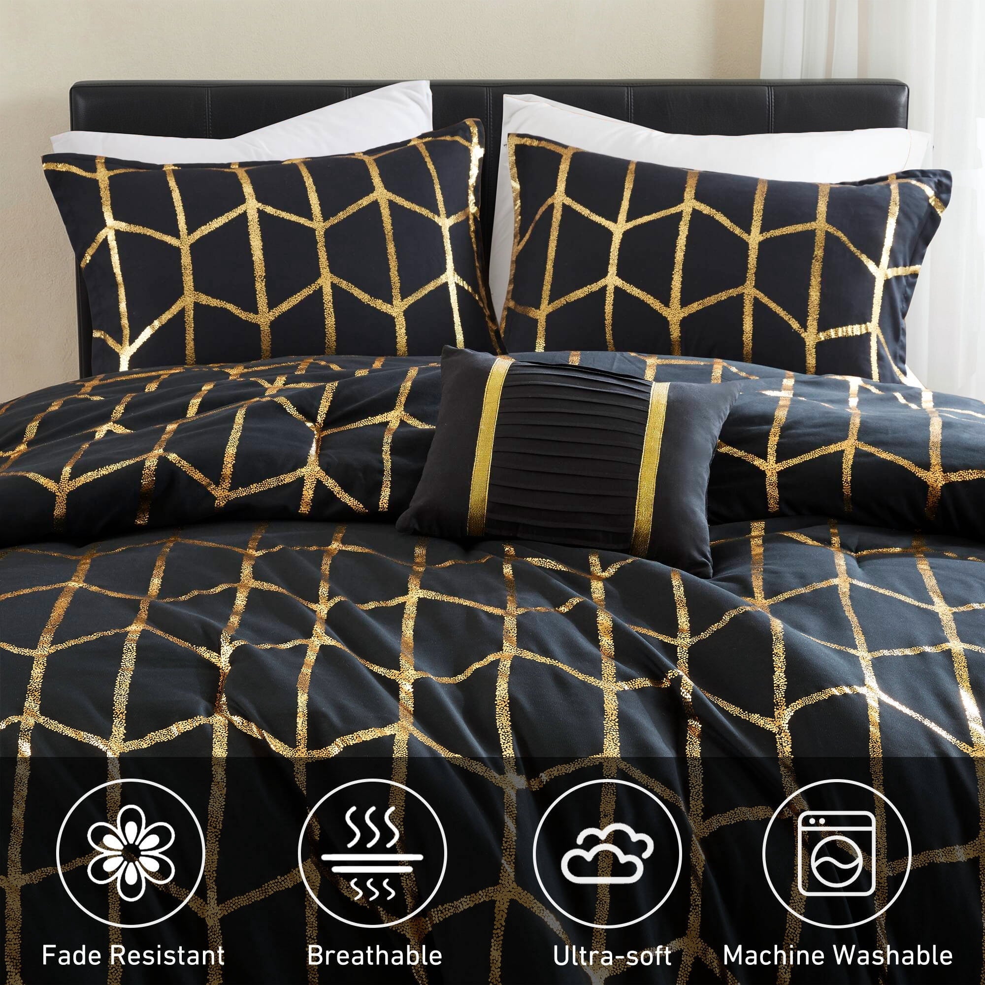 All-Season Full/Queen Size Comforter Set, 4-Piece Bedding Set for All Seasons, Geometric Metallic Comforter Bed Set with Decor P... - Cloud-Like Soft Lightweight Bed Comforter Detail