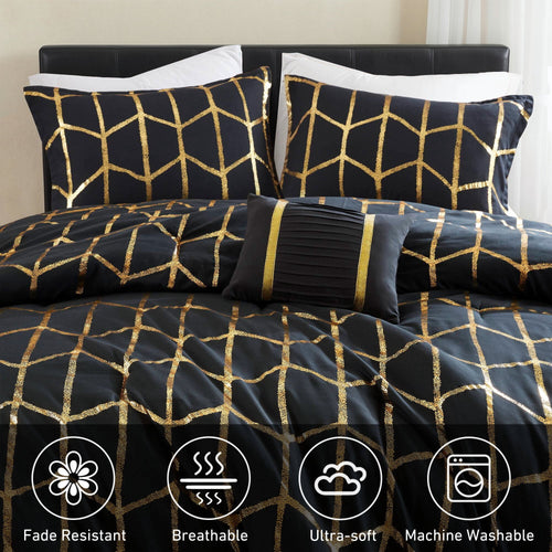 All-Season Full/Queen Size Comforter Set, 4-Piece Bedding Set for All Seasons, Geometric Metallic Comforter Bed Set with Decor P... - Cloud-Like Soft Lightweight Bed Comforter Detail