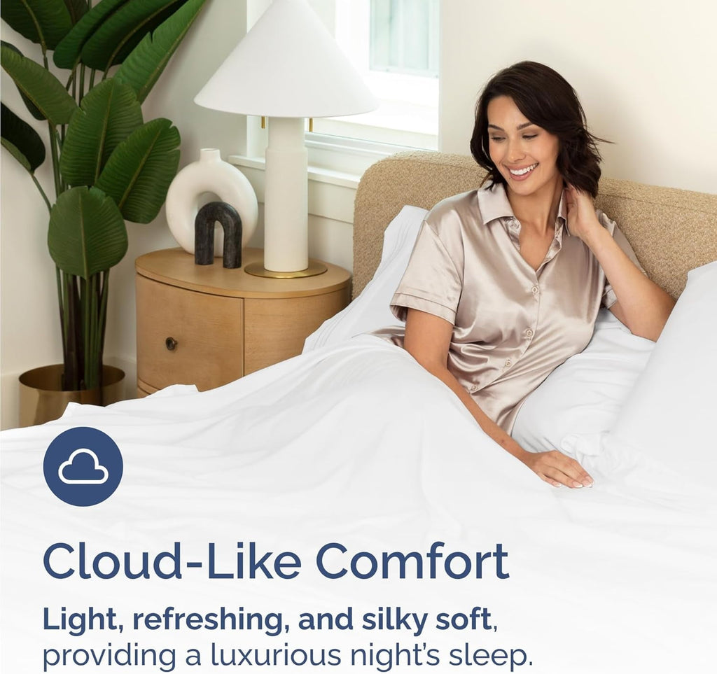 Cooling Sateen 4-Piece Luxury Bamboo Cooling Sheet Set - Queen Size 100% Bamboo Derived Rayon Premium Bed Sheets, White - Luxury Bed Sheet Set with Deep Pockets Detail