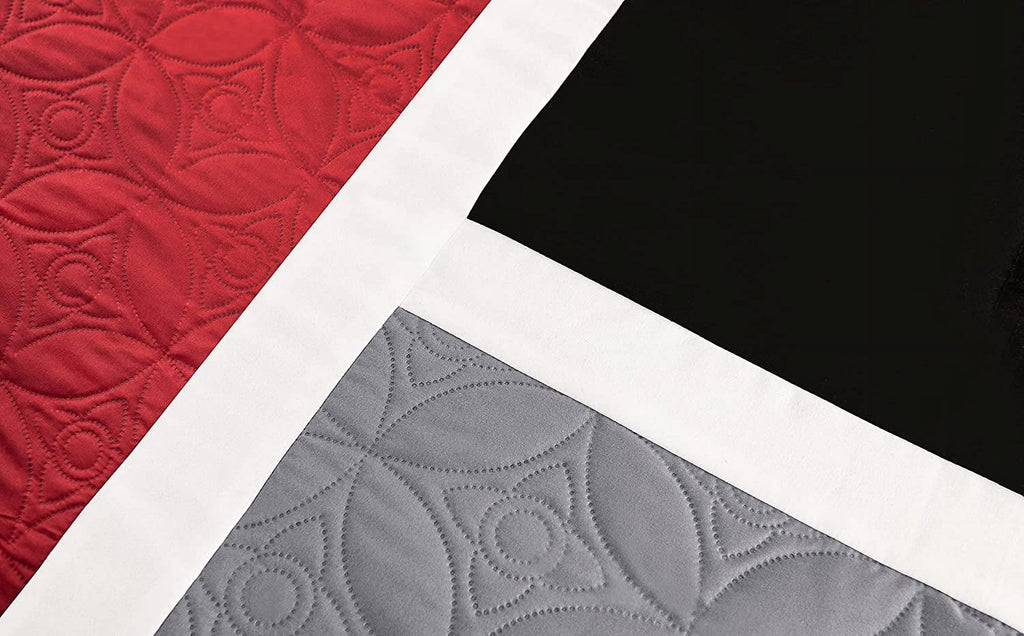 All-Season 7-Piece Medallion Patchwork Comforter Set, Full, Red/Gray/Black - Hypoallergenic Ultra-Fluffy Quilt for Winter Detail