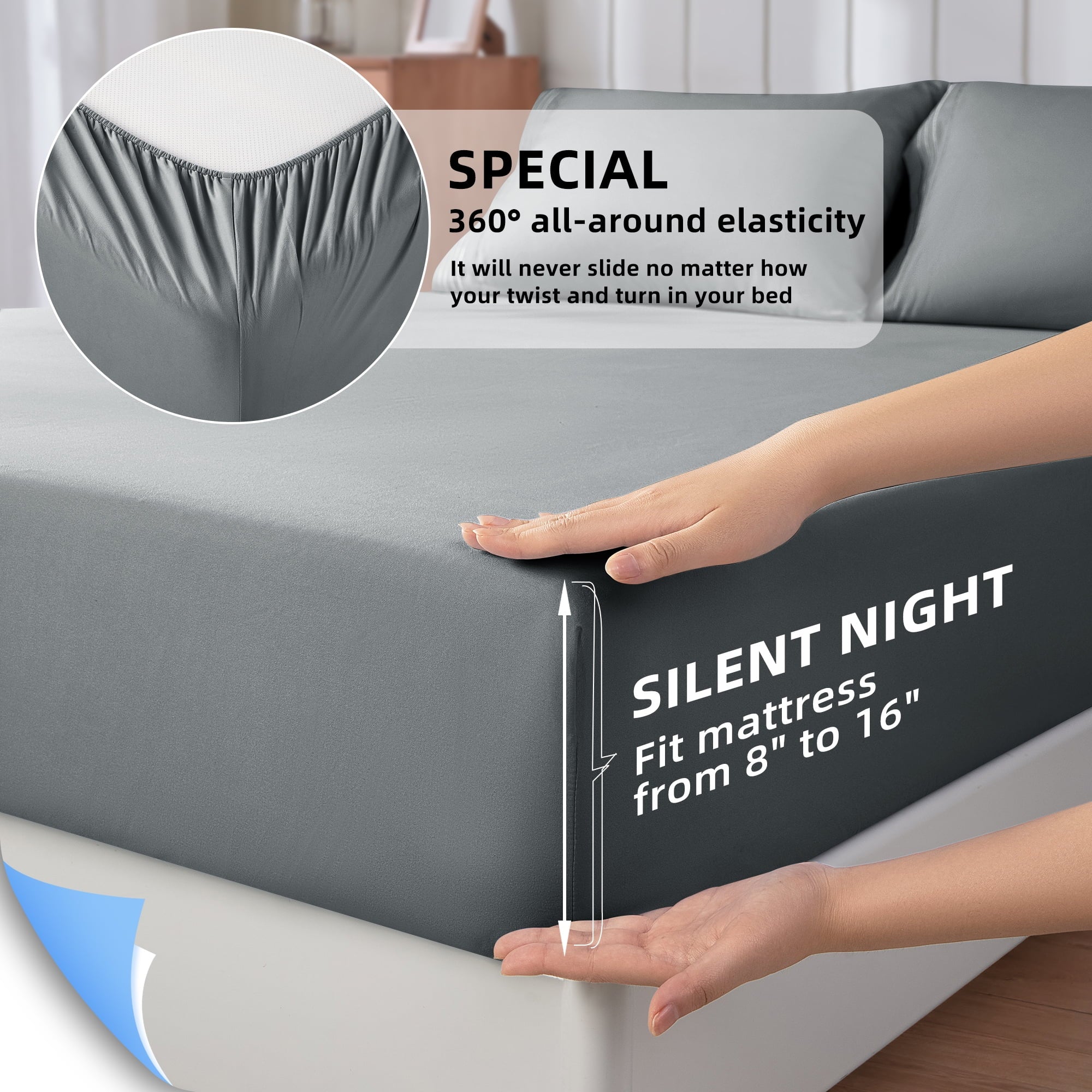Breathable Luxury Shilucheng 4 Pieces Luxury Bed Sheets Set, Plush Microfiber Bed Sheets, 16" Deep Pocket, Queen, Dark Gray - Breathable Egyptian Cotton Flat & Fitted Sheets Detail