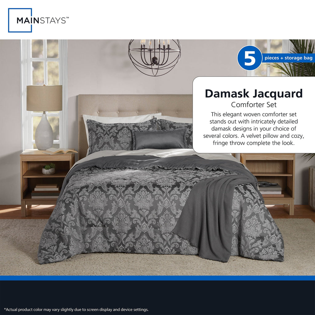 Fluffy Down Alternative Full/Queen Comforter Set, All-Season, 5-Piece, Grey Jacquard Damask - Cloud-Like Soft Lightweight Bed Comforter Detail