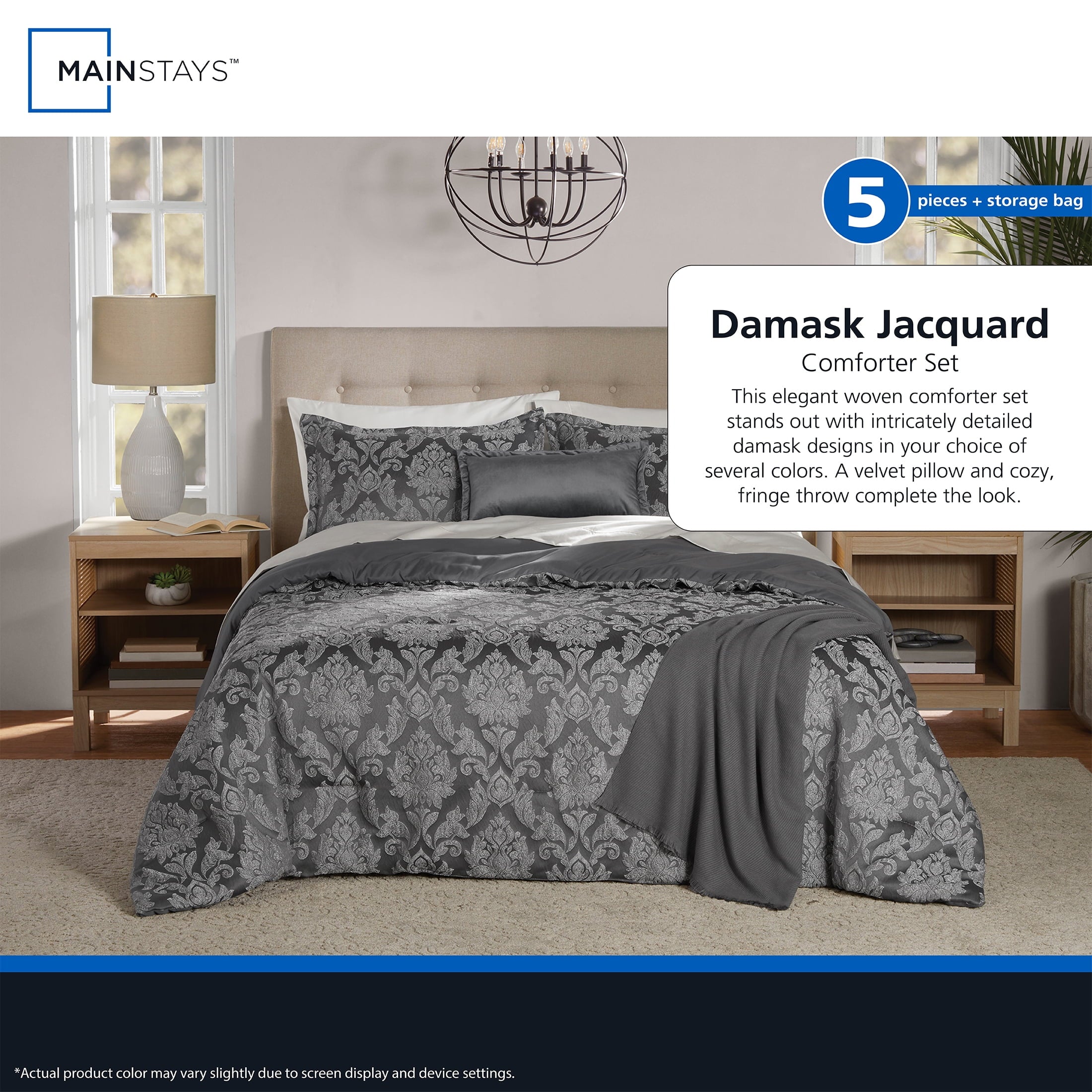 Fluffy Down Alternative Full/Queen Comforter Set, All-Season, 5-Piece, Grey Jacquard Damask - Cloud-Like Soft Lightweight Bed Comforter Detail