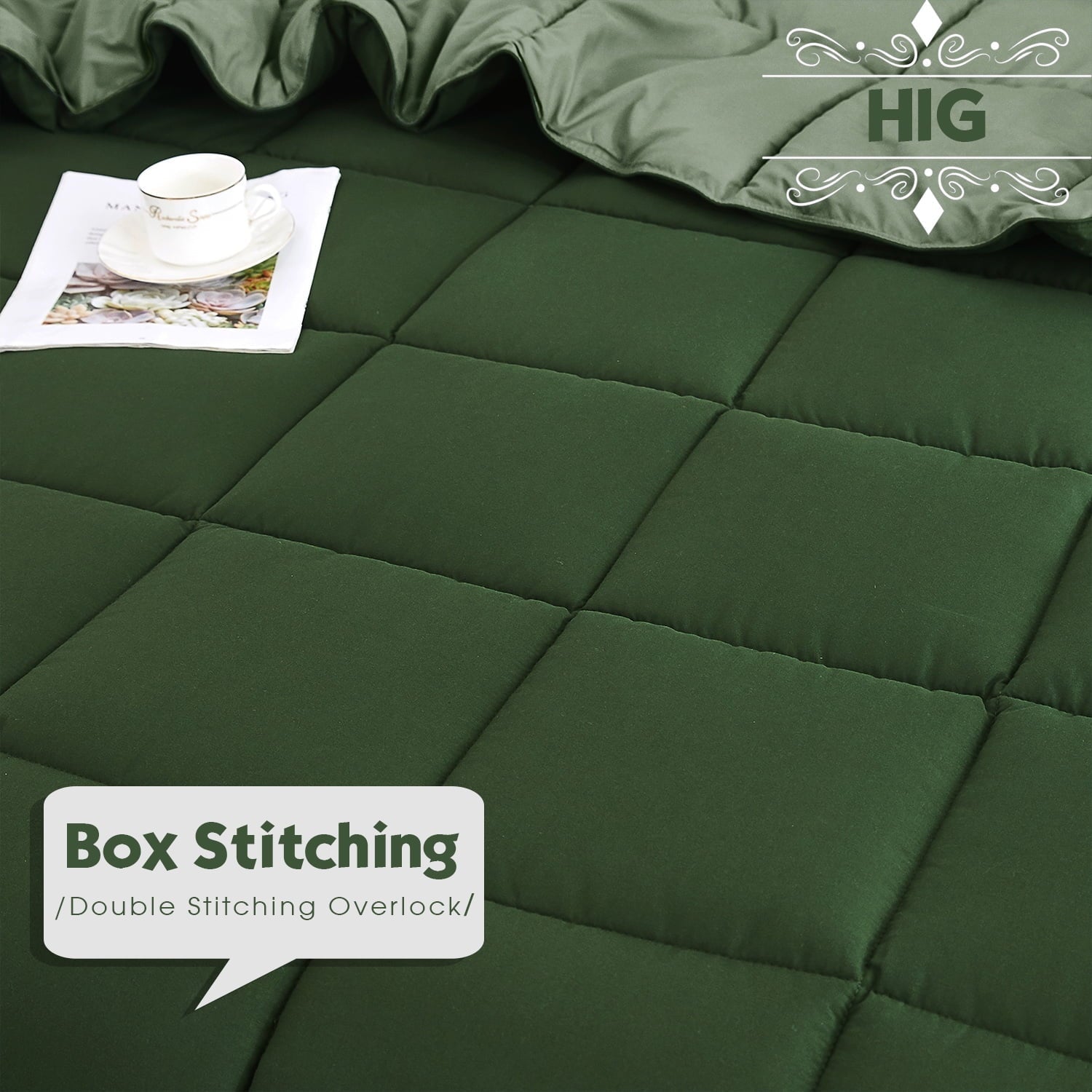 Luxurious Quilted Light Weight Down Alternative Comforter Set, Queen, Green, Reversible - Luxurious Quilted Duvet Cover Set Detail