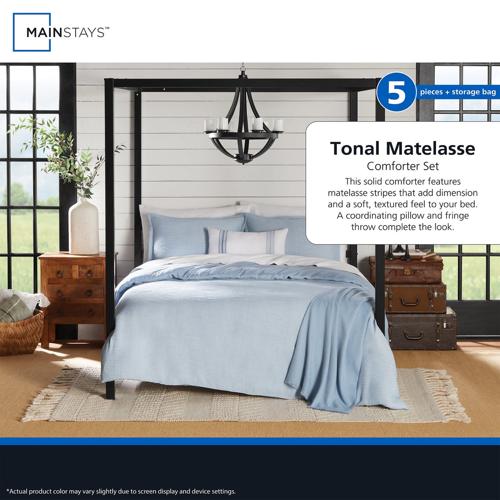 Fluffy Down Alternative Full/Queen Comforter Set, All-Season, 5-Piece, Blue Matelasse Tonal Stripe - Hypoallergenic Ultra-Fluffy Quilt for Winter Detail