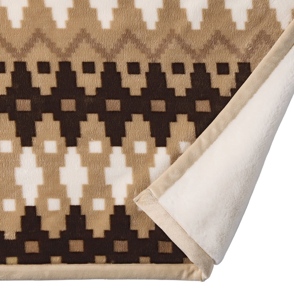 Cozy Fleece Printed Velvet Plush Reverse to Faux Fur Super Soft Throw Blanket, Oversized, Linder Border Beige - Luxury Knitted Decorative Throw Blanket with Fringes Detail