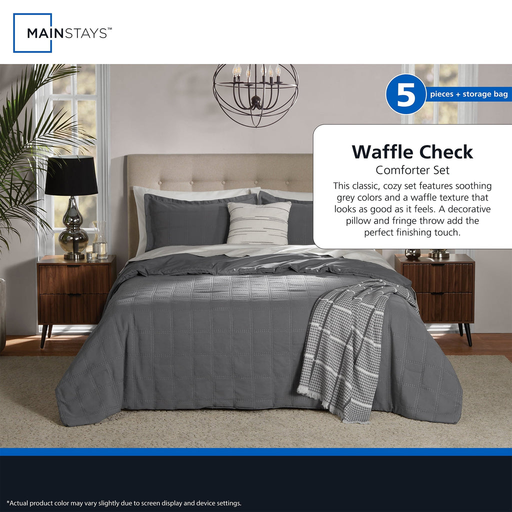 Fluffy Down Alternative Full/Queen Comforter Set, All-Season, 5-Piece, Grey Waffle Check - Cloud-Like Soft Lightweight Bed Comforter Detail