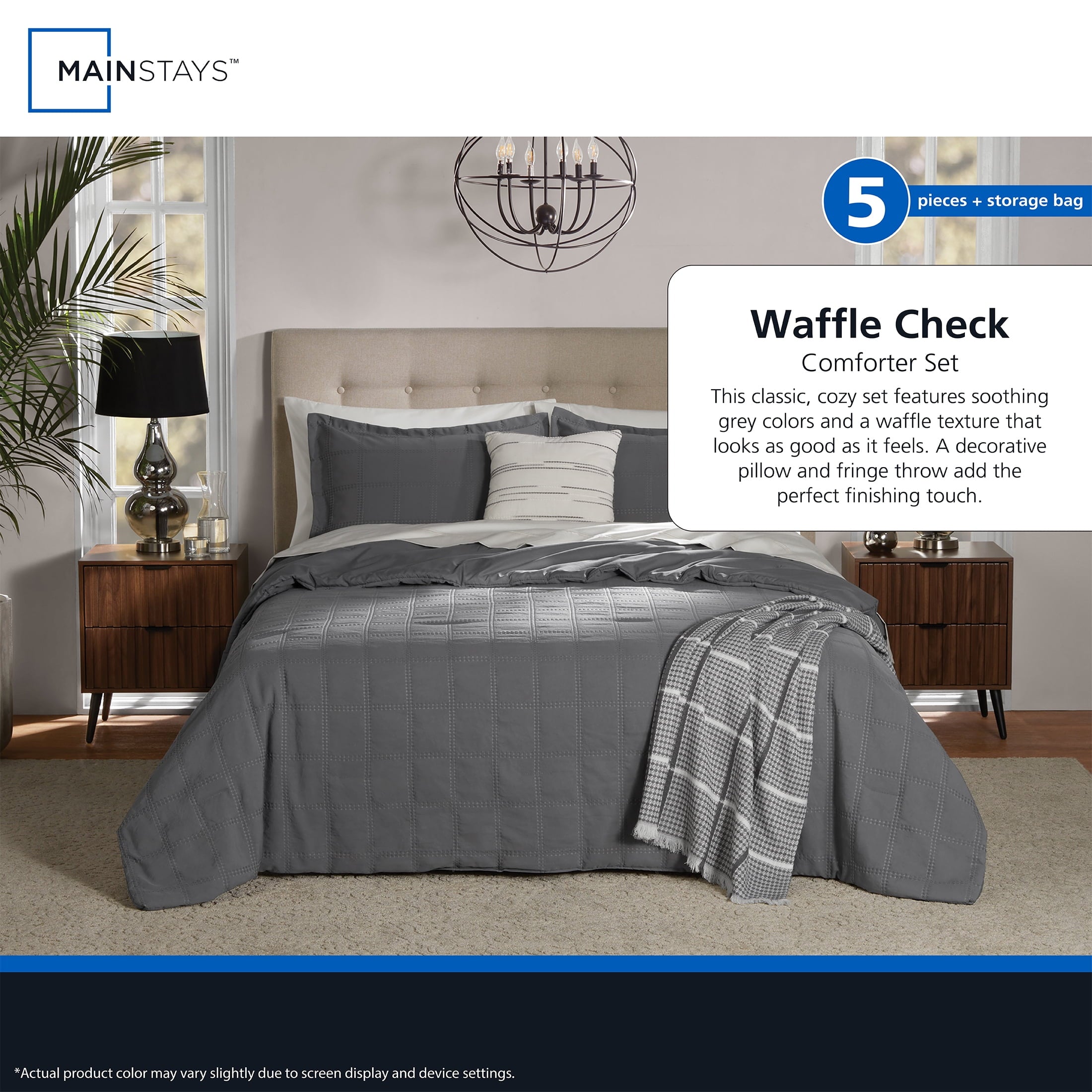 Fluffy Down Alternative Full/Queen Comforter Set, All-Season, 5-Piece, Grey Waffle Check - Cloud-Like Soft Lightweight Bed Comforter Detail