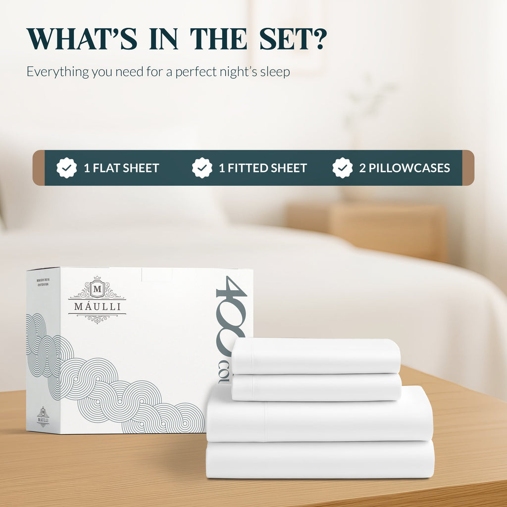 Breathable Luxury 100% Cotton Sheets For Queen Size Bed - Luxury 400 Thread Count Queen Sheet Set, 4 Piece Sateen Weave Queen White Cot... - Premium Ultra-Soft Pillowcase Pair for Sleeping Detail