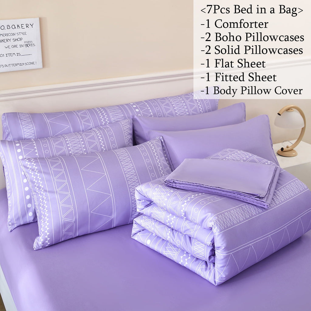 Fluffy Down Alternative 8-Pieces Boho Bedding Set Full Lavender Striped Bed in a Bag for Girls Women Soft Fluffy Purple Comforter Set with Sh... - Luxurious Quilted Duvet Cover Set Detail
