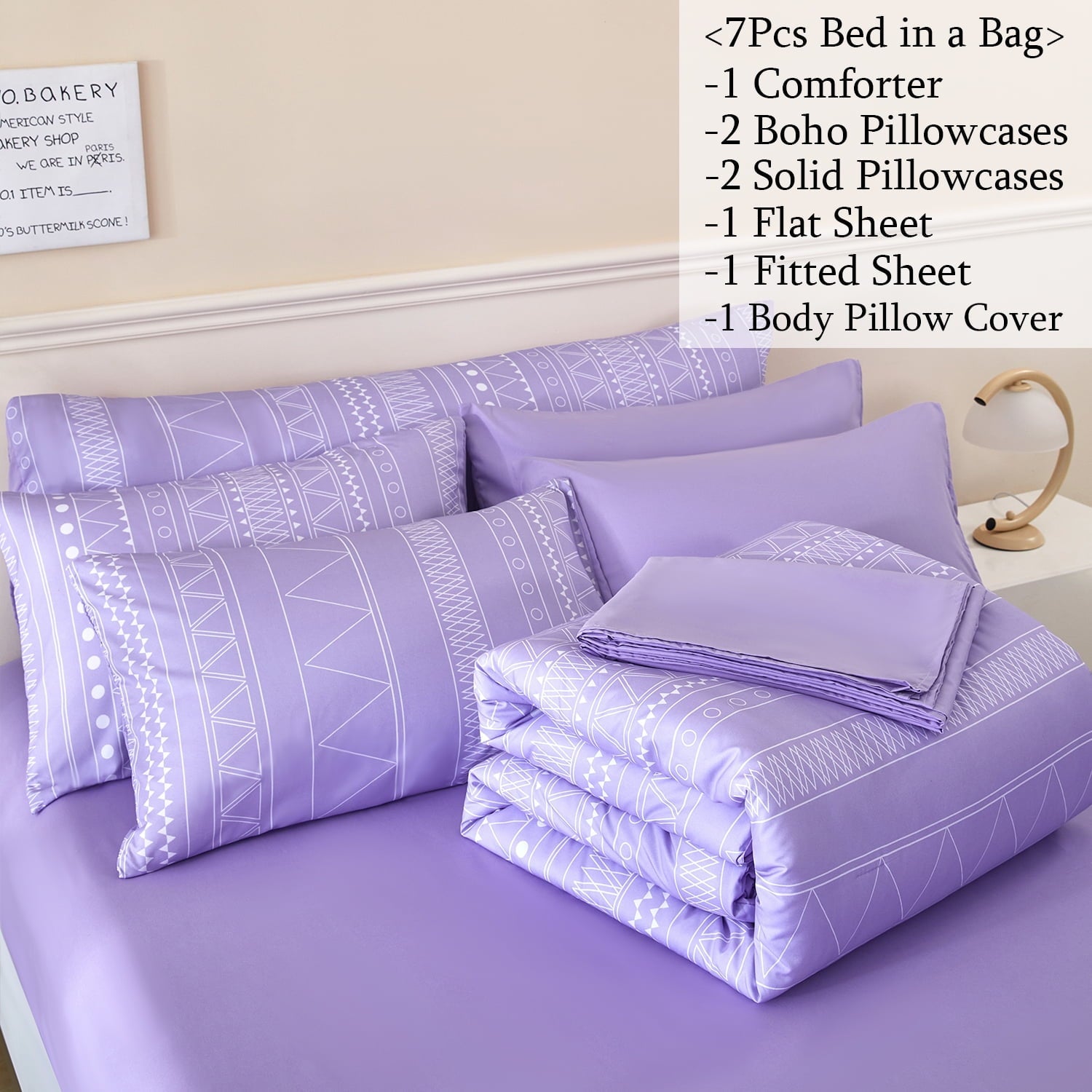 Fluffy Down Alternative 8-Pieces Boho Bedding Set Full Lavender Striped Bed in a Bag for Girls Women Soft Fluffy Purple Comforter Set with Sh... - Luxurious Quilted Duvet Cover Set Detail