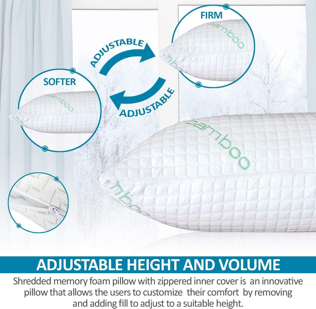 Hotel Collection Queen Size Bamboo Pillow, Memory Foam Bed Pillows with Washable Pillowcases, Queen - Hotel Quality Plush Sleeping Pillows Detail
