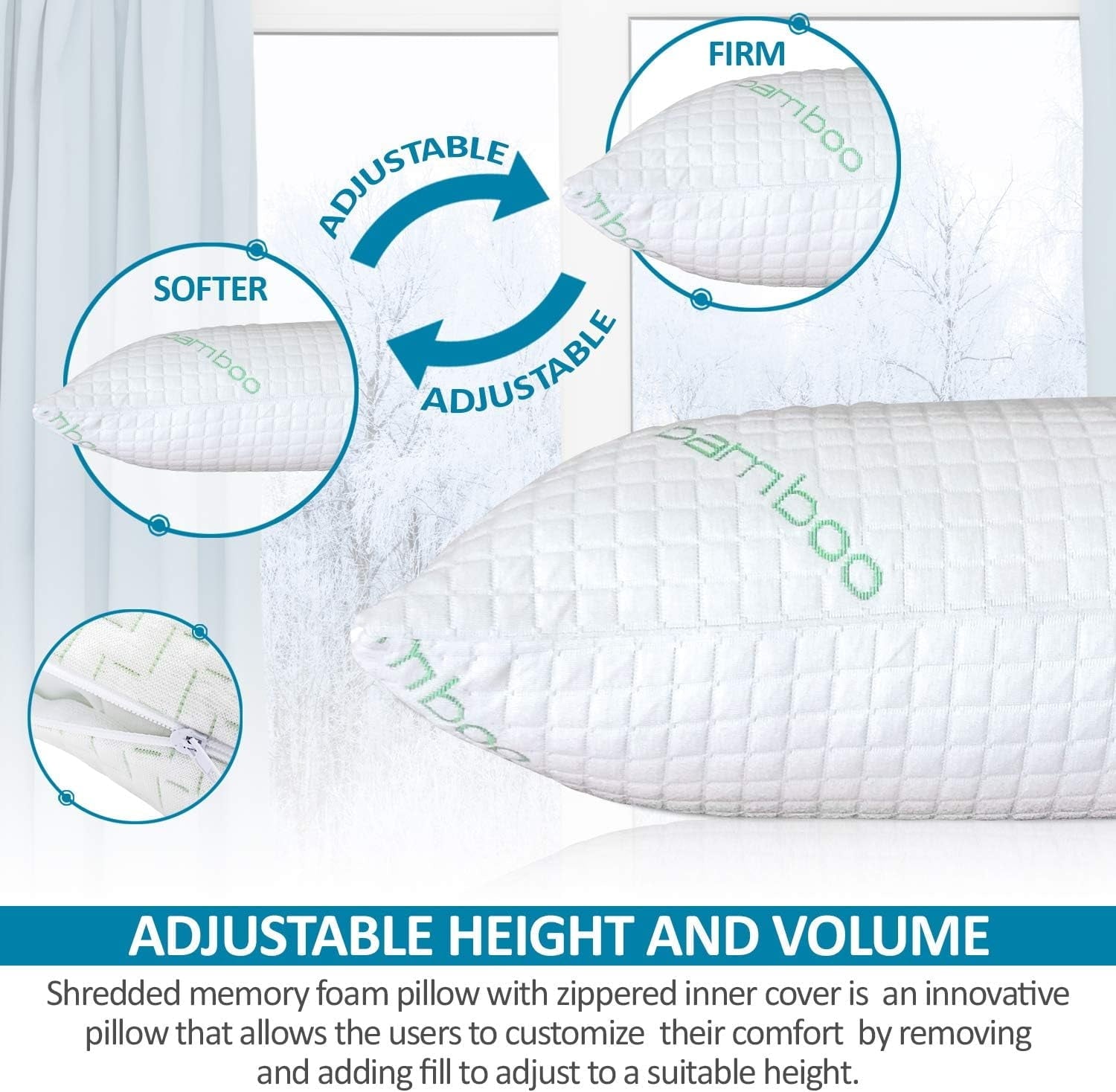 Hotel Collection Queen Size Bamboo Pillow, Memory Foam Bed Pillows with Washable Pillowcases, Queen - Hotel Quality Plush Sleeping Pillows Detail