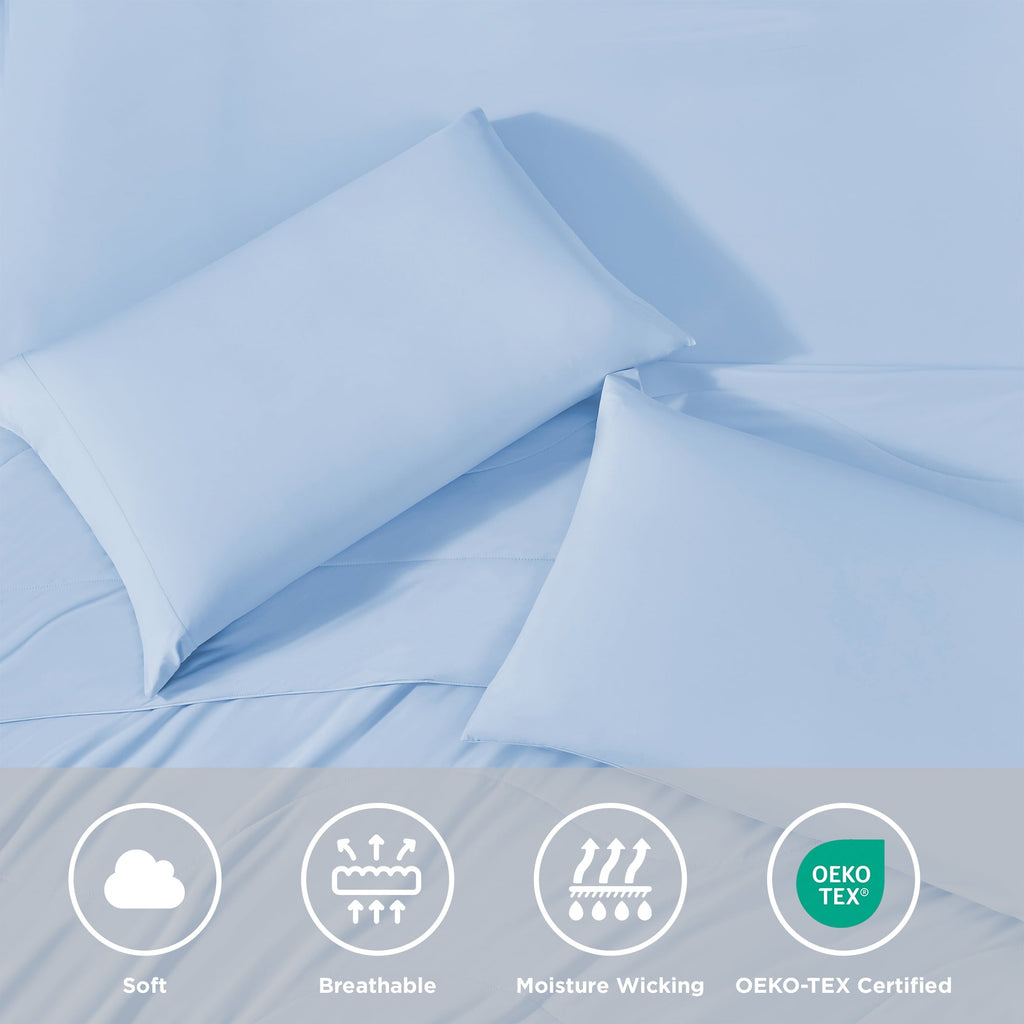 Wrinkle-Resistant Full/QueenSize Sheet Set, 3 Piece Cooling Bed Sheet with Deep Pocket for Hot Sleepers, Ice Blue - Cooling Hotel Quality Bedding Sheets and Pillowcases Detail