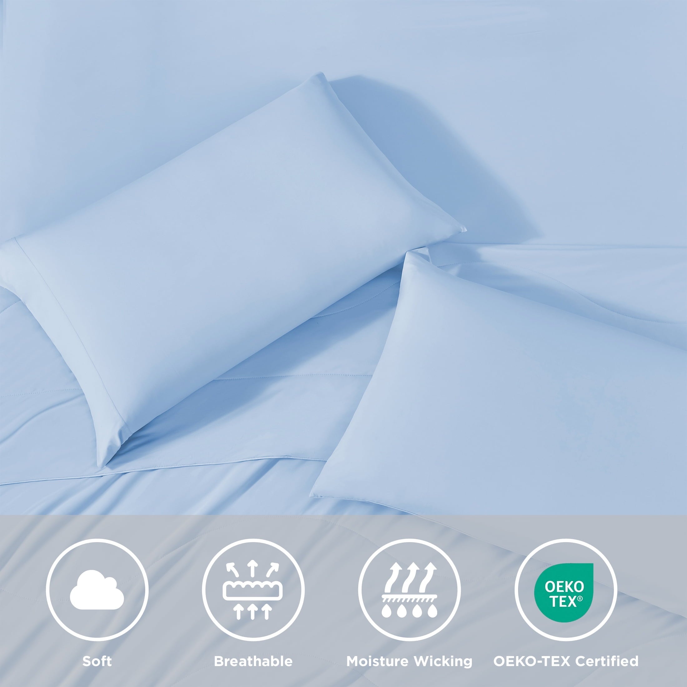 Wrinkle-Resistant Full/QueenSize Sheet Set, 3 Piece Cooling Bed Sheet with Deep Pocket for Hot Sleepers, Ice Blue - Cooling Hotel Quality Bedding Sheets and Pillowcases Detail