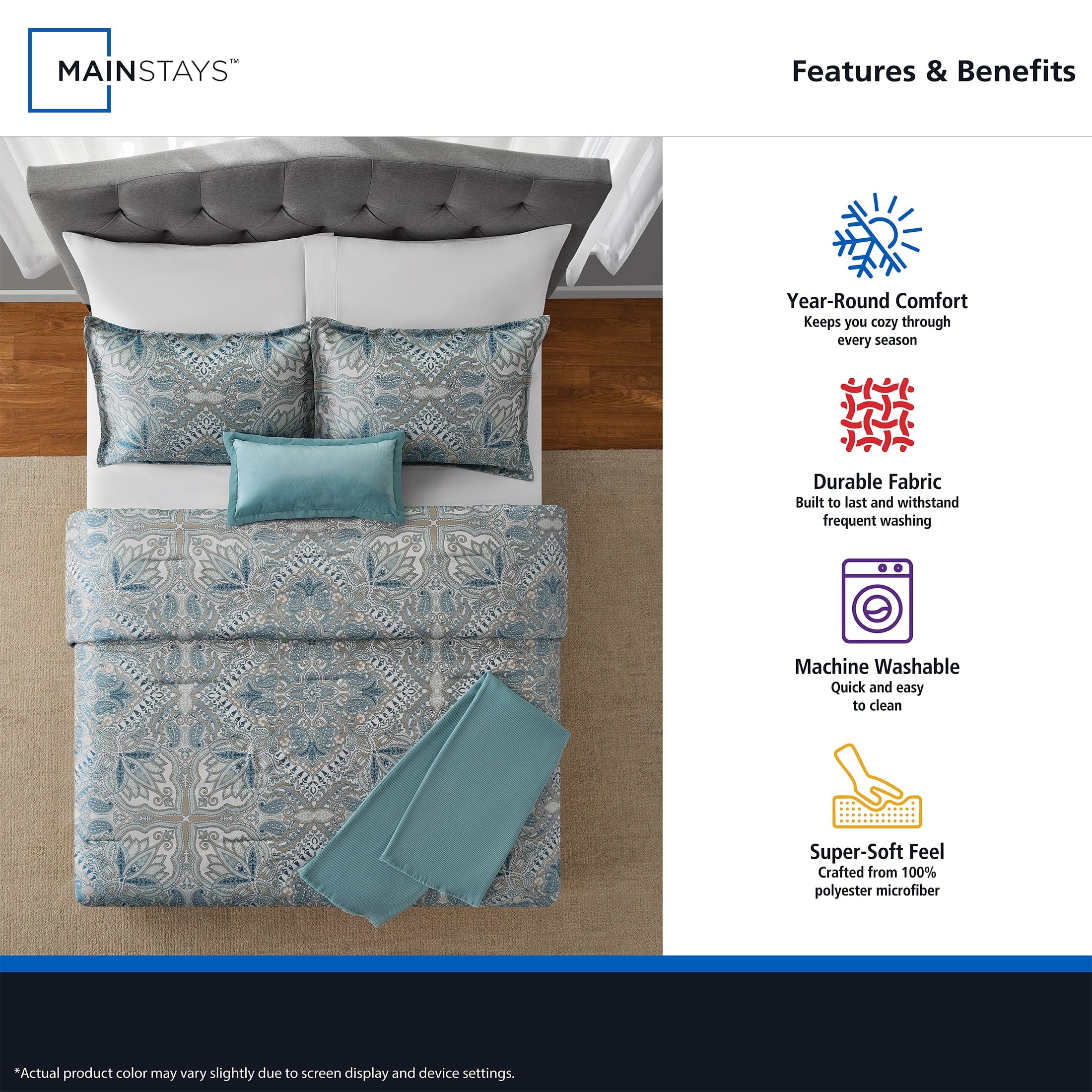 Luxurious Quilted Full/Queen Comforter Set, All-Season, 5-Piece, Teal Jacquard Medallion - All-Season Down Alternative Comforter Insert Detail