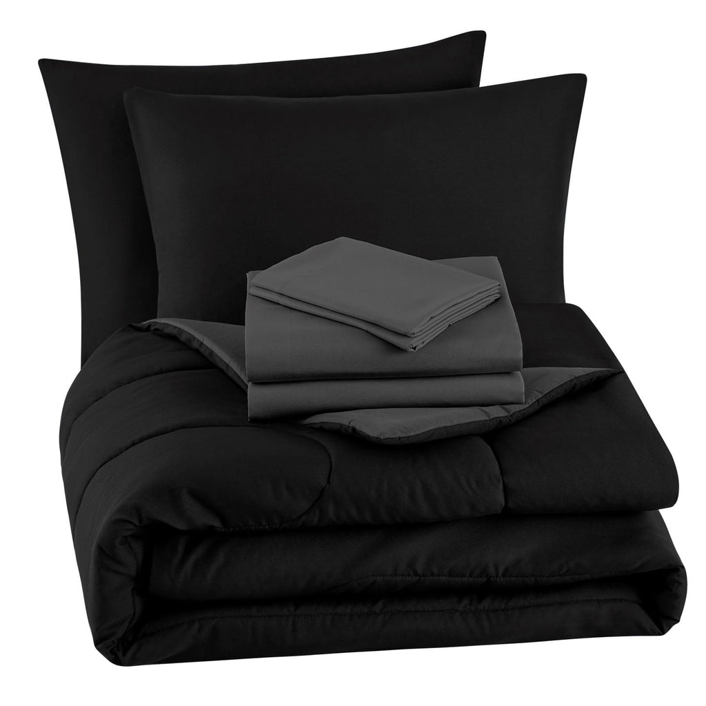 Fluffy Down Alternative 7 Piece Reversible Bed in a Bag Comforter Set with Sheets, Black, King - All-Season Down Alternative Comforter Insert Detail