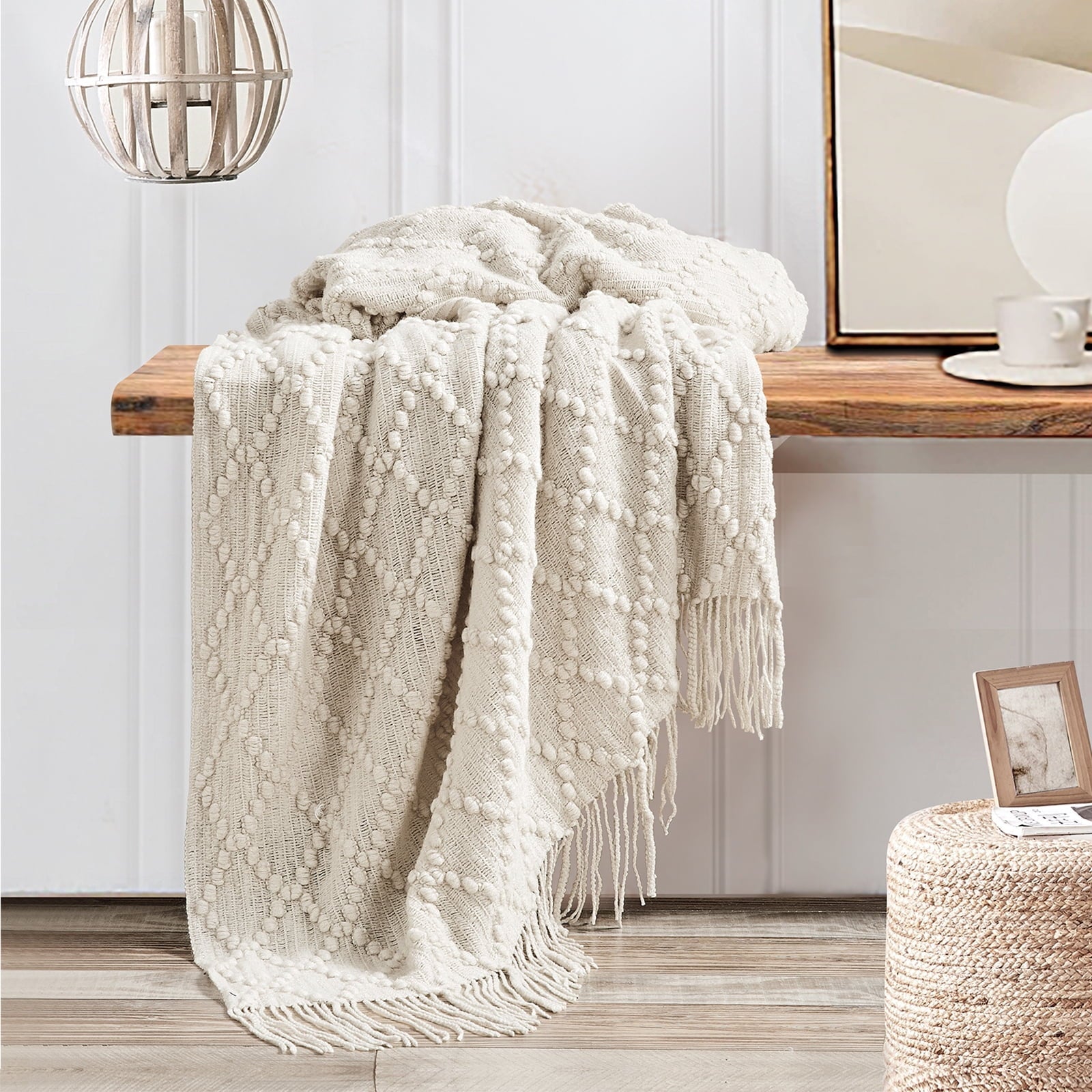 Cozy Fleece Texture Pure Color Soft Throw Blanket and Sofa Or Bed Knitted Decorative Blanket 50 x70 inches Jacquard Diamond Beige... - Super Soft Reversible Sherpa Flannel Blanket Detail