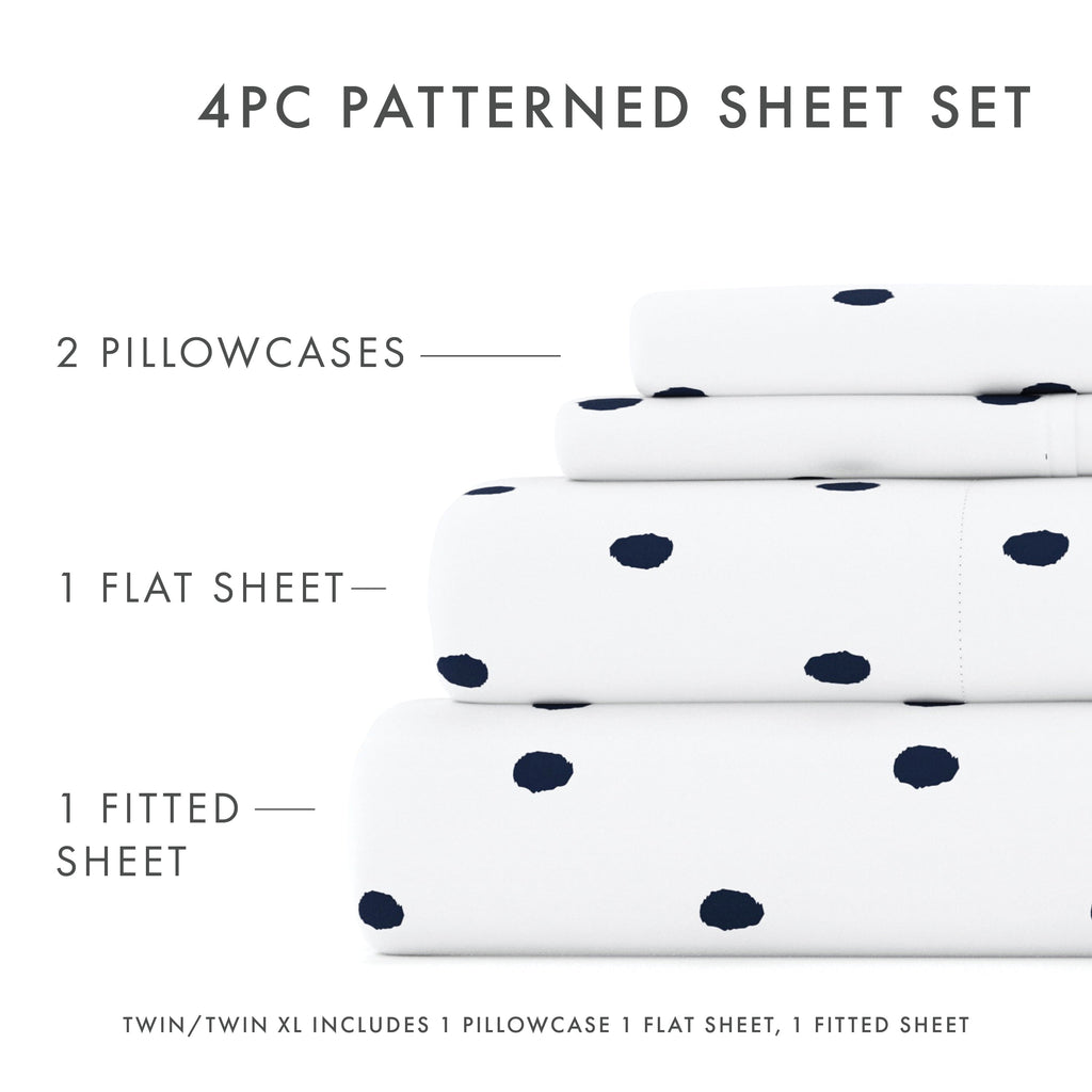 Cooling Sateen 4 Piece Pattern Microfiber Bed Sheets Set, Navy Dots, California King - Luxury Bed Sheet Set with Deep Pockets Detail