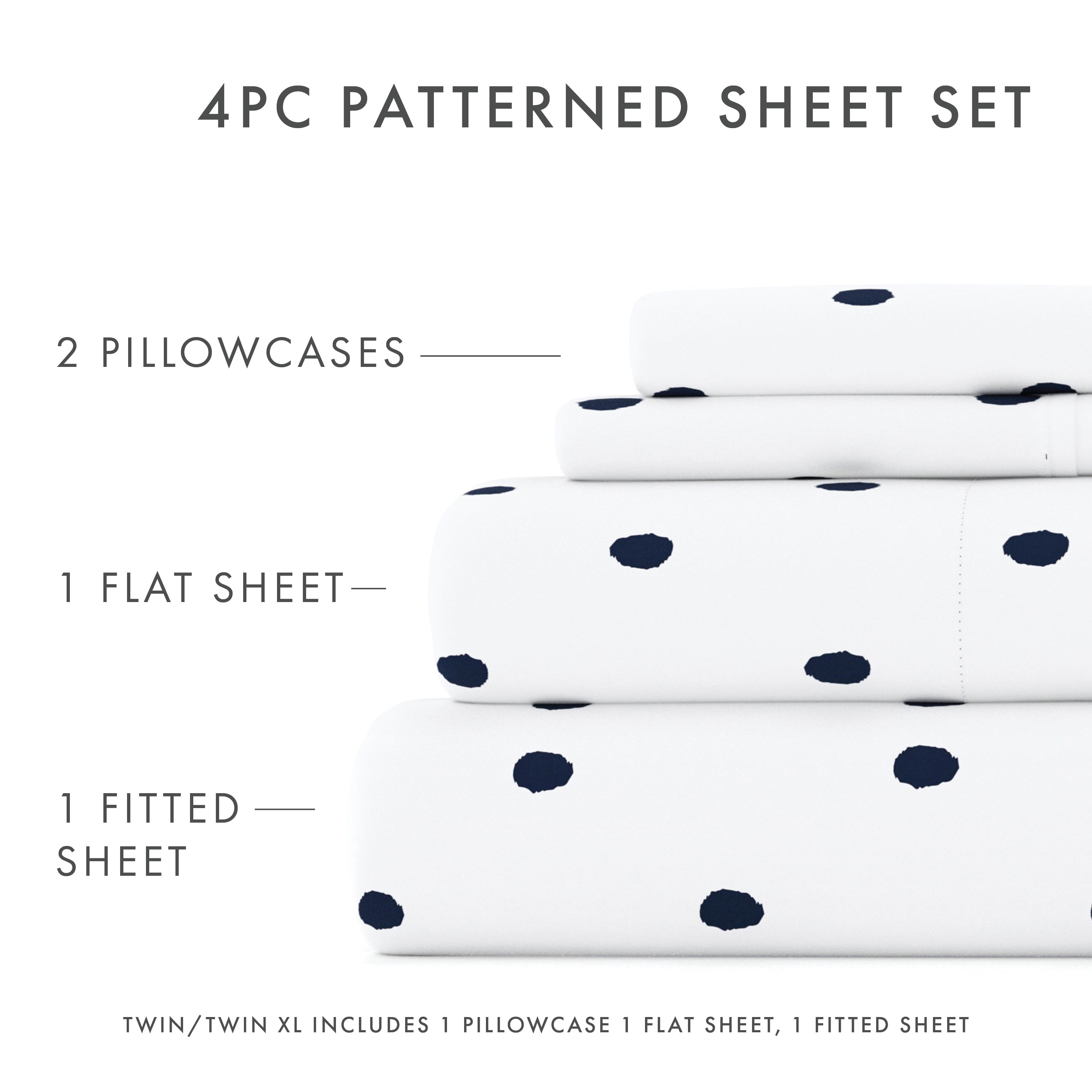 Cooling Sateen 4 Piece Pattern Microfiber Bed Sheets Set, Navy Dots, California King - Luxury Bed Sheet Set with Deep Pockets Detail