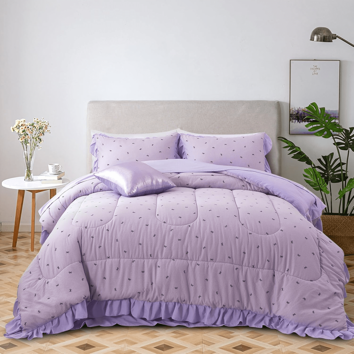 All-Season 6 Piece Delicate Bows Purple Bedding Set Ruffle Princess Style Comforter Set Bed in a Bag - All-Season Down Alternative Comforter Insert Detail