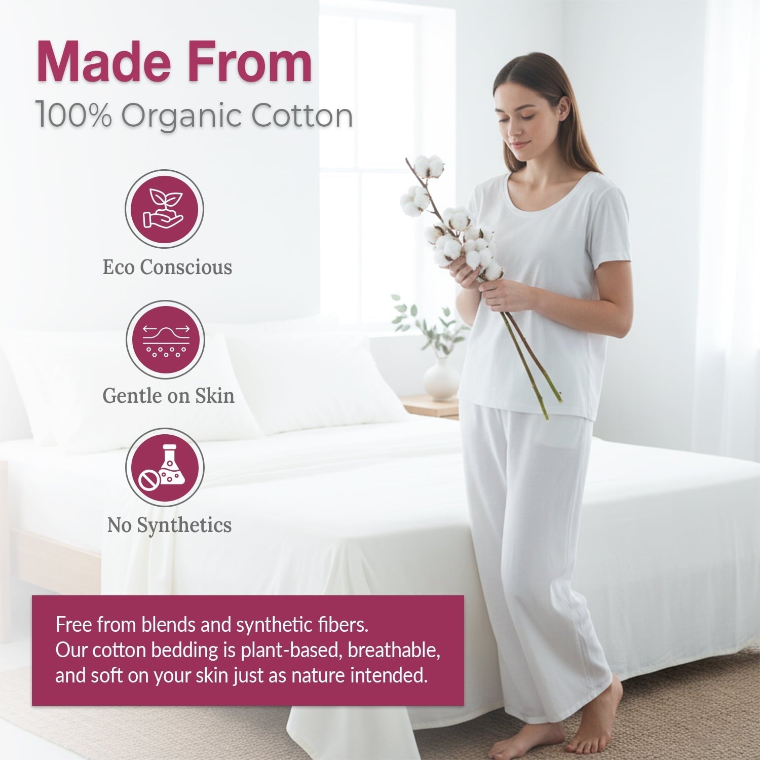 Cooling Sateen 100% Organic Cotton Percale Flat Sheet Twin Size - 1 PC Flat Sheet, White - Crisp, Cool and Strong Bed Linen, Top She... - Cooling Hotel Quality Bedding Sheets and Pillowcases Detail