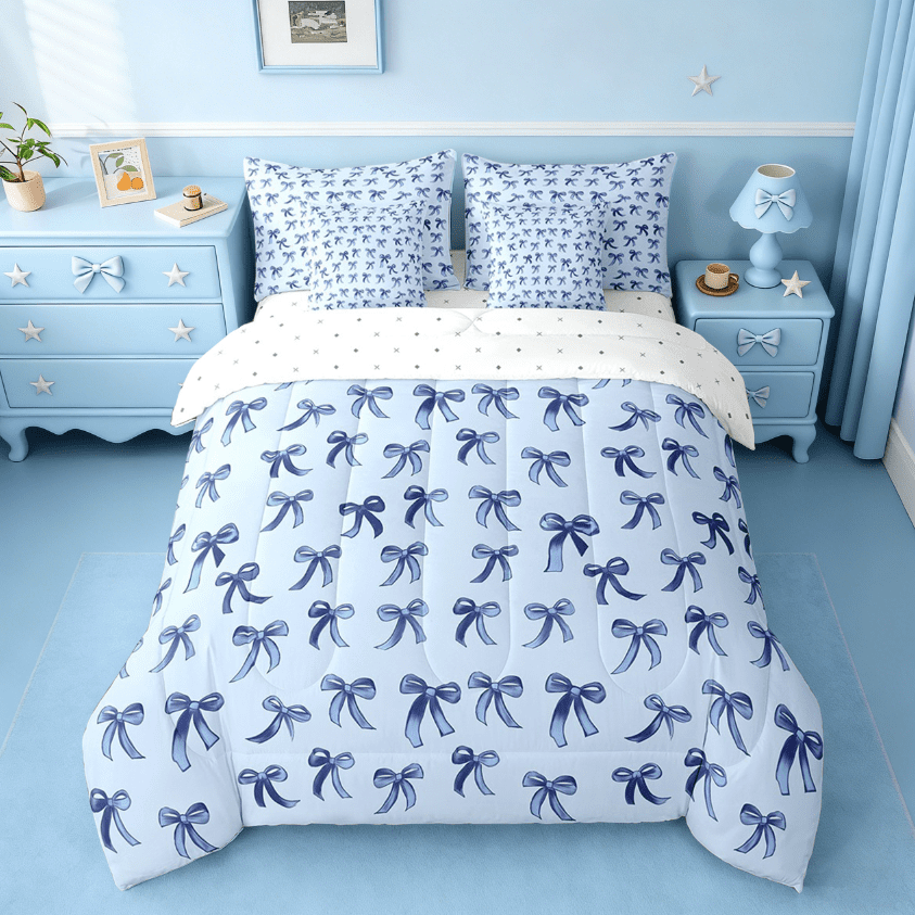 Luxurious Quilted Cute Bowknot Twin Bedding Sets 7-Piece,Girls Ribbon Bow Bedding Comforter Set,Dreamy Blue Sheet Sets For Girls,Super ... - All-Season Down Alternative Comforter Insert Detail