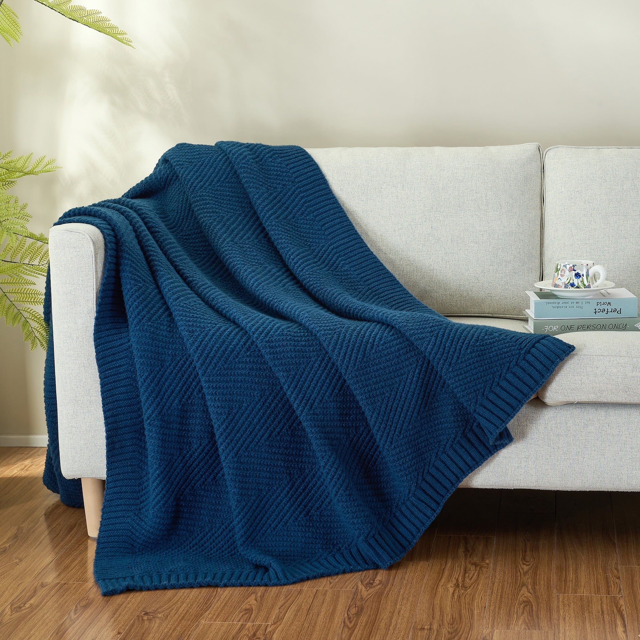 Super Soft Flannel Soft Knitted Throw Blanket 50" x 60" Navy Blue, Boho Chevron Farmhouse Throw for Bed Couch - Luxury Knitted Decorative Throw Blanket with Fringes Detail