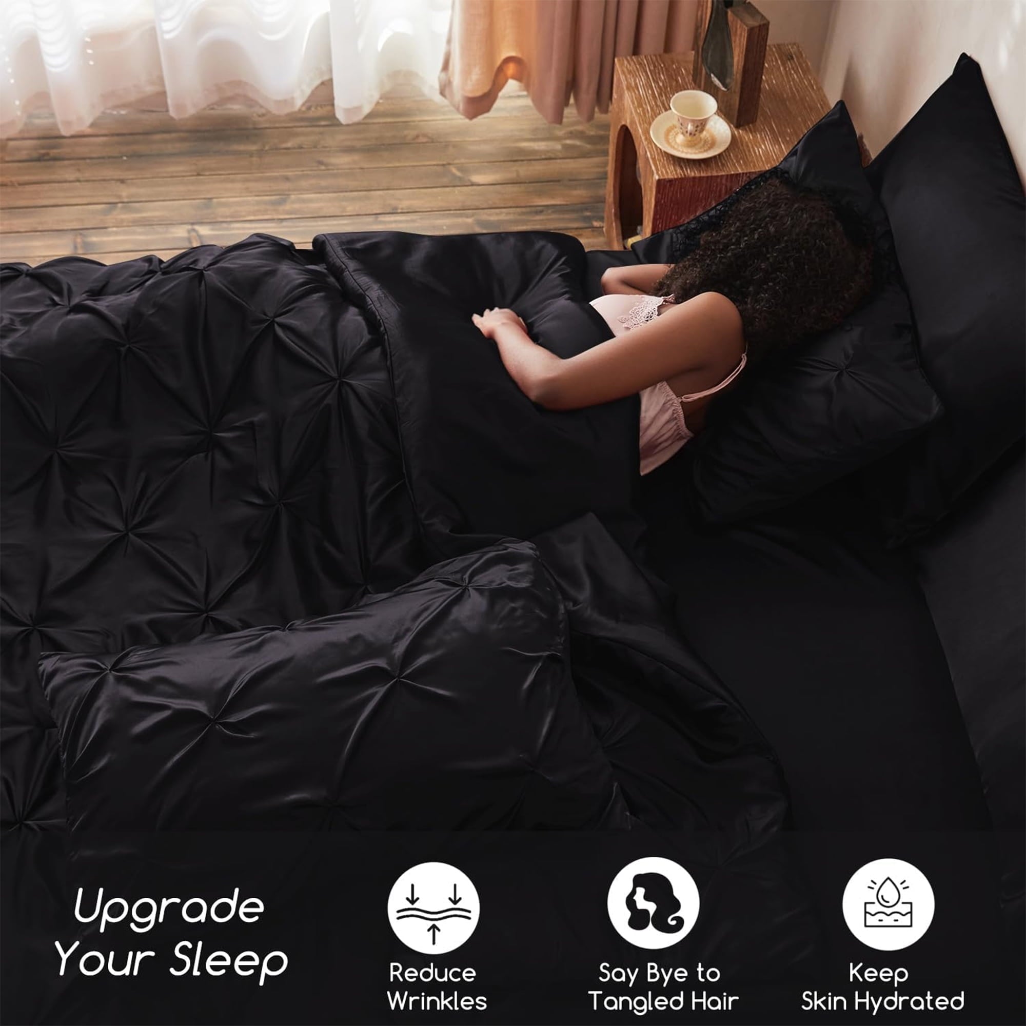 All-Season Satin Comforter Set 7 Pieces Queen Size - Luxurious Pinch Pleat Bed in a Bag with Satin Comforter, Satin Sheets, Sati... - Hypoallergenic Ultra-Fluffy Quilt for Winter Detail