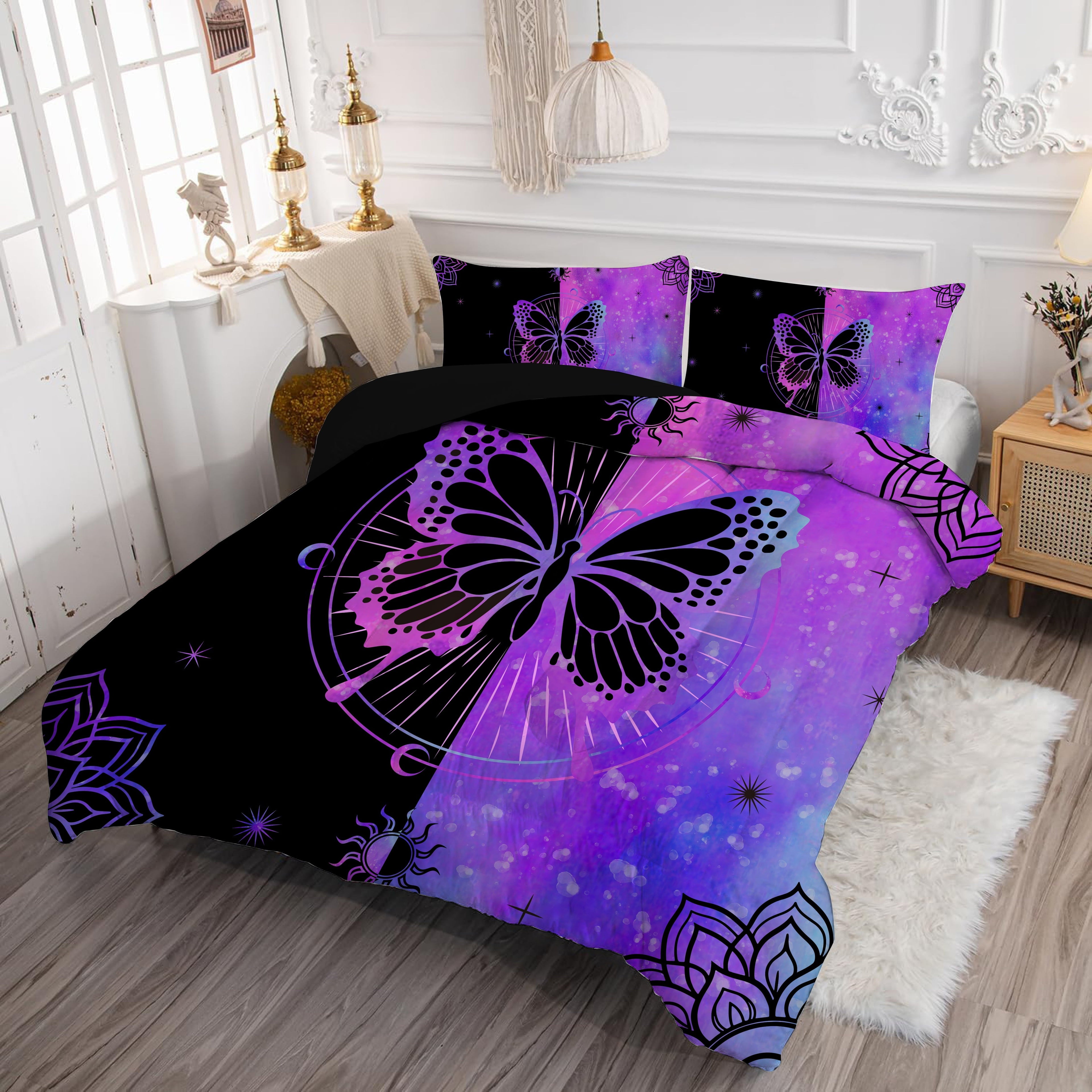 Hypoallergenic Cloud Butterfly Comforter Set Full Size for Girls Kids Teens Black Blue Purple Tie Dye Bedding Set 3 Pieces - Cloud-Like Soft Lightweight Bed Comforter Detail