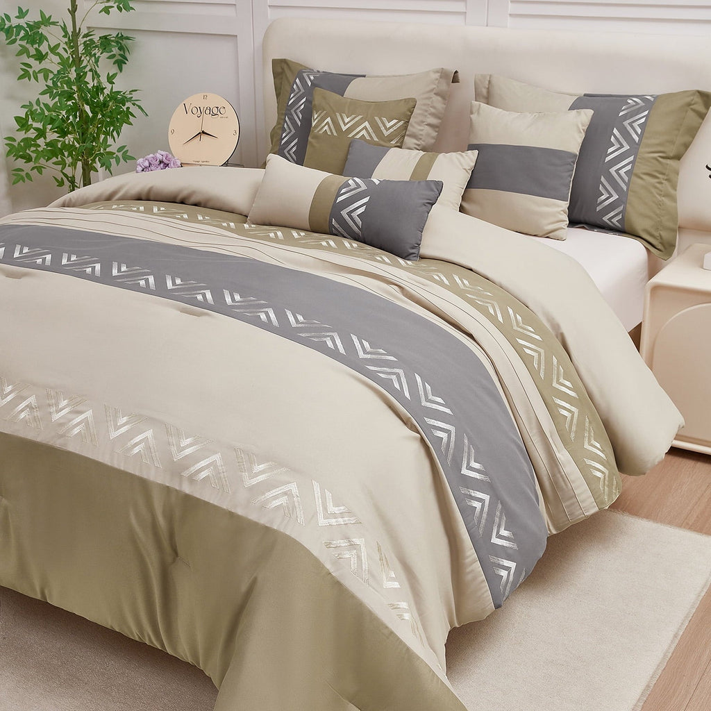 All-Season 7 Piece Embroidery Design Bed-in-a-Bag, Taupe Queen Size Ultra Soft Comforter Set for Adults - All-Season Down Alternative Comforter Insert Detail