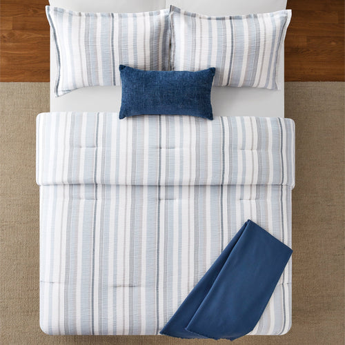 All-Season Full/Queen Comforter Set, All-Season, 5-Piece, Blue Yarn Dyed Stripe - Hypoallergenic Ultra-Fluffy Quilt for Winter Detail