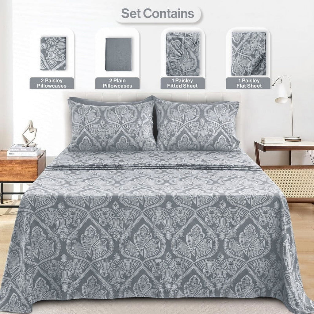 Breathable Luxury 6-Piece Bed Sheet Set, Deep Pocket Queen Sheets Up to 16 Inch, 1 Flat Sheet , 1 Fitted Sheet & 4 Pillowcases (Queen, ... - Breathable Egyptian Cotton Flat & Fitted Sheets Detail