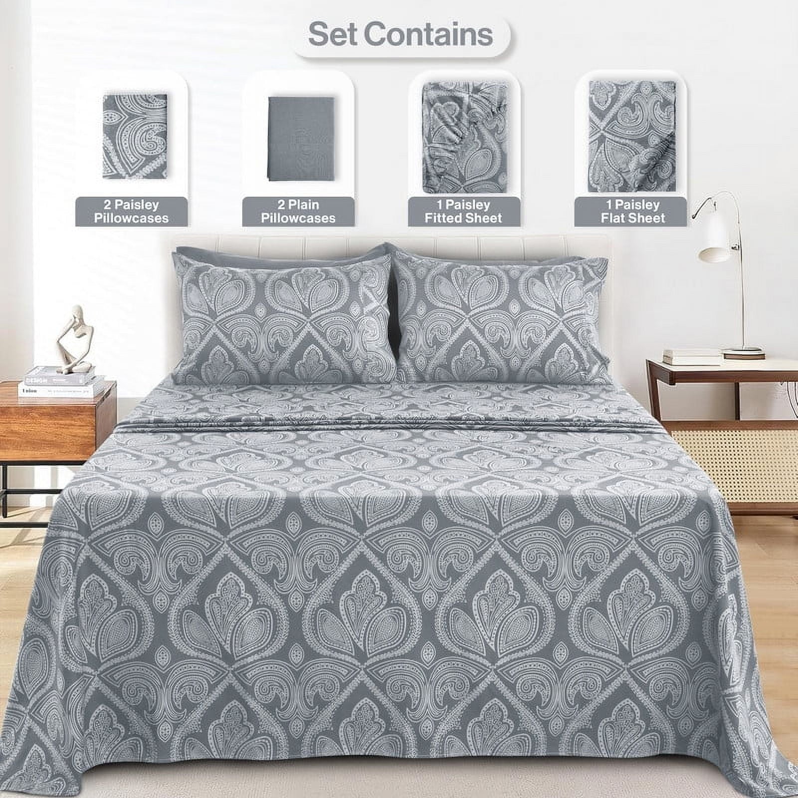 Breathable Luxury 6-Piece Bed Sheet Set, Deep Pocket Queen Sheets Up to 16 Inch, 1 Flat Sheet , 1 Fitted Sheet & 4 Pillowcases (Queen, ... - Breathable Egyptian Cotton Flat & Fitted Sheets Detail