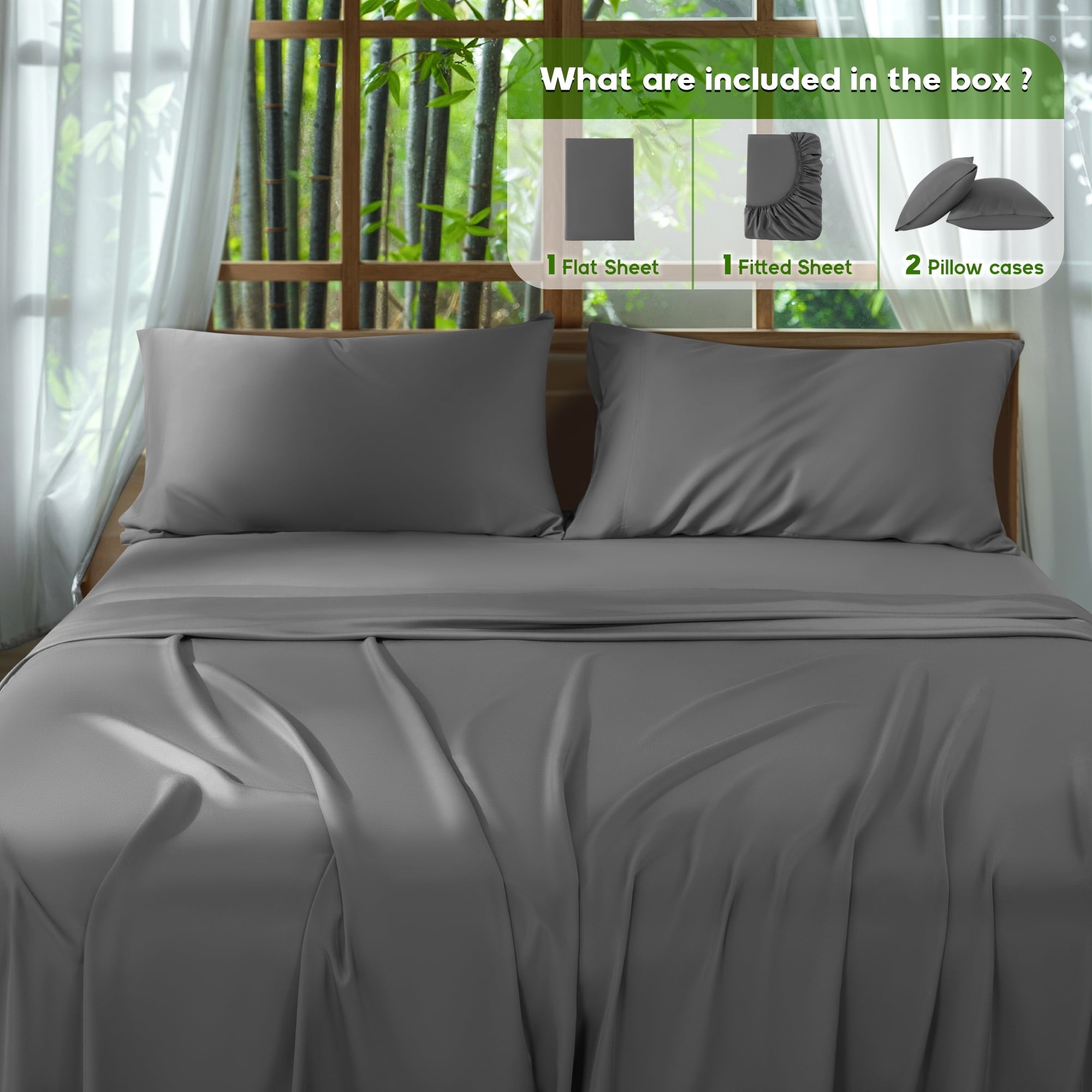 Cooling Sateen Luxury Bamboo Bed Sheet Set - Deep Pockets - 4 Piece, Queen, Dark Gray - Premium Ultra-Soft Pillowcase Pair for Sleeping Detail