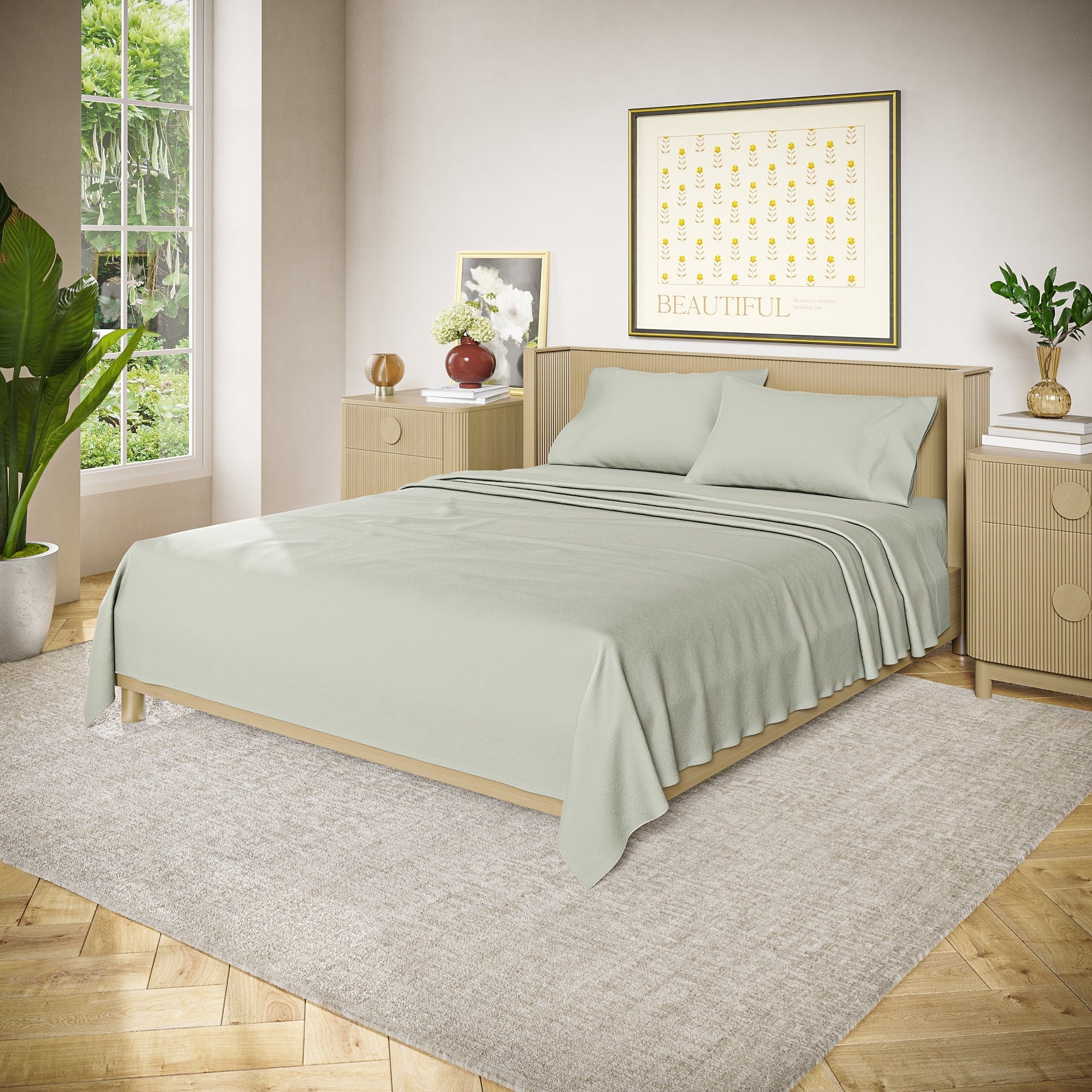 Ultra-Soft Solid 4-Piece 100% Cotton Washed Percale Sage Green Sheet Set, Full - Breathable Egyptian Cotton Flat & Fitted Sheets Detail