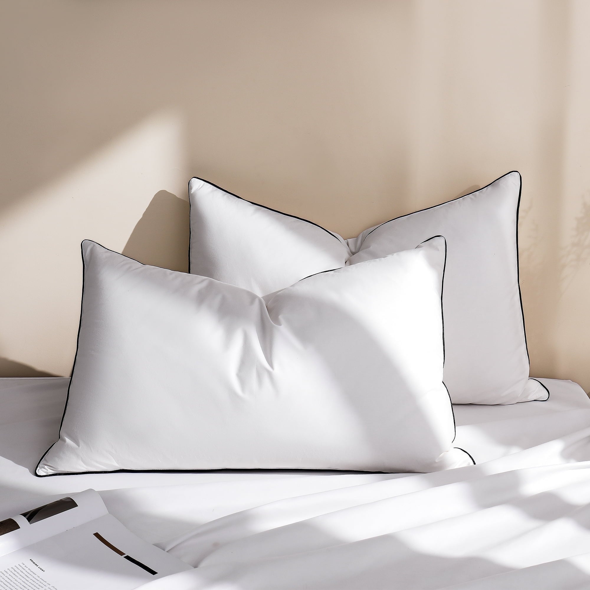 Decorative Plump Feather Down Pillows Set of 2, Medium Firm Hotel Bed Pillow 2 Pack, Queen Size, 20 x 30 in. - Ergonomic Memory Foam Pillow for Neck Pain Support Detail
