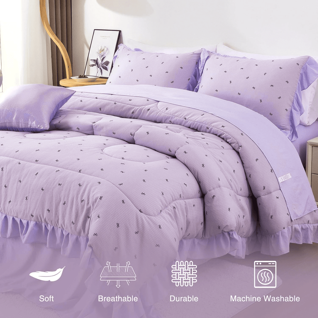 All-Season 6 Piece Delicate Bows Purple Bedding Set Ruffle Princess Style Comforter Set Bed in a Bag - All-Season Down Alternative Comforter Insert Detail