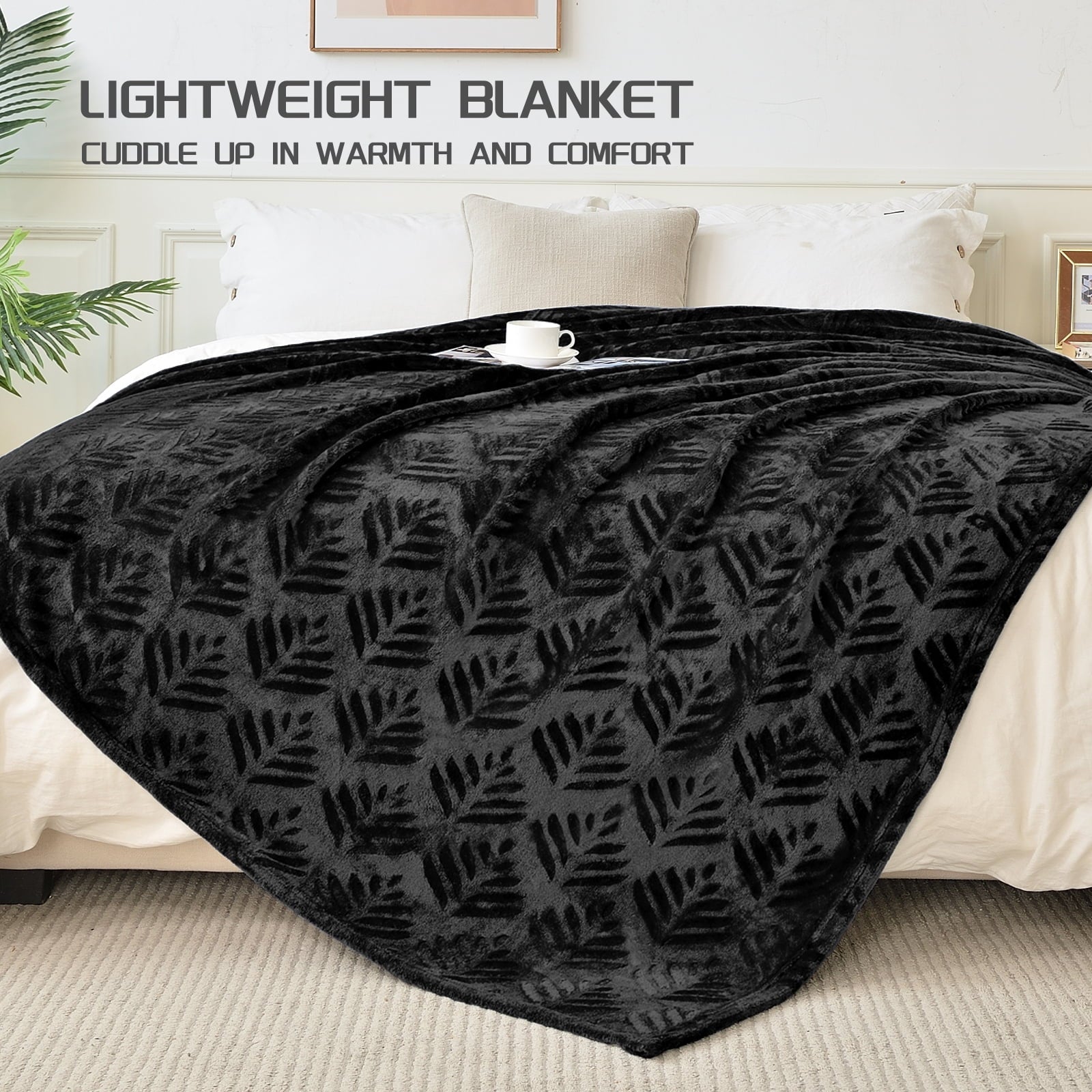 Reversible Sherpa Fleece Throw Blanket for Couch, Leaves Pattern Super Soft and Cozy Blankets, Plush Fuzzy Lightweight, Black, 50"x60" - Super Soft Reversible Sherpa Flannel Blanket Detail