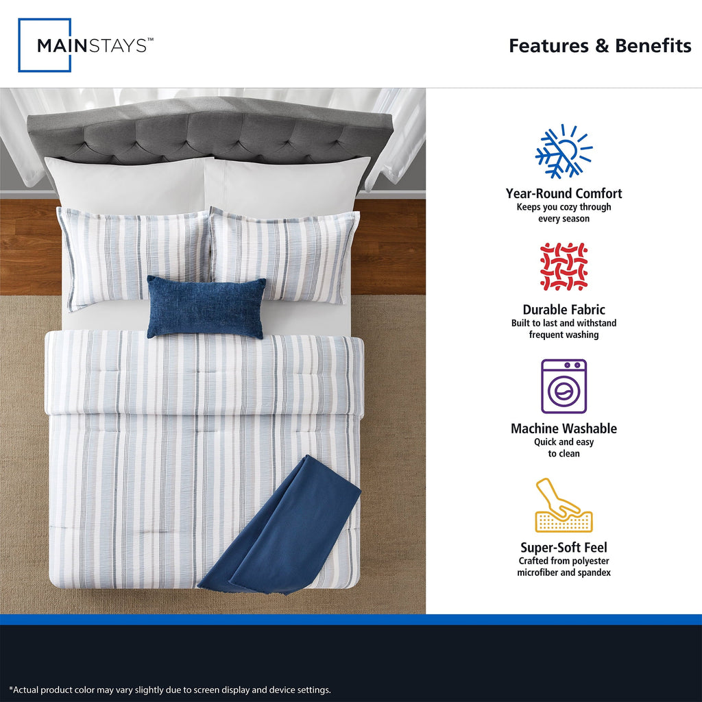 All-Season Full/Queen Comforter Set, All-Season, 5-Piece, Blue Yarn Dyed Stripe - Hypoallergenic Ultra-Fluffy Quilt for Winter Detail