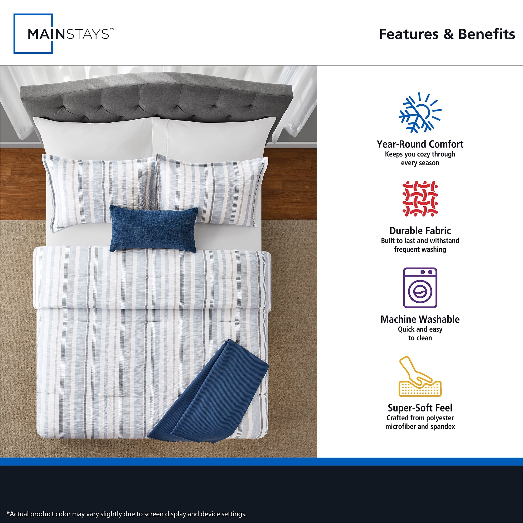 All-Season Full/Queen Comforter Set, All-Season, 5-Piece, Blue Yarn Dyed Stripe - Hypoallergenic Ultra-Fluffy Quilt for Winter Detail