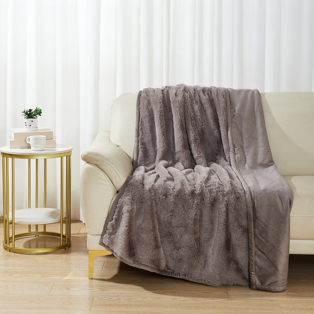 Decorative Knitted Grey Faux Fur Ultra Soft Luxury Oversized Throw Blanket 50" x 72", Grey Bisque - Super Soft Reversible Sherpa Flannel Blanket Detail