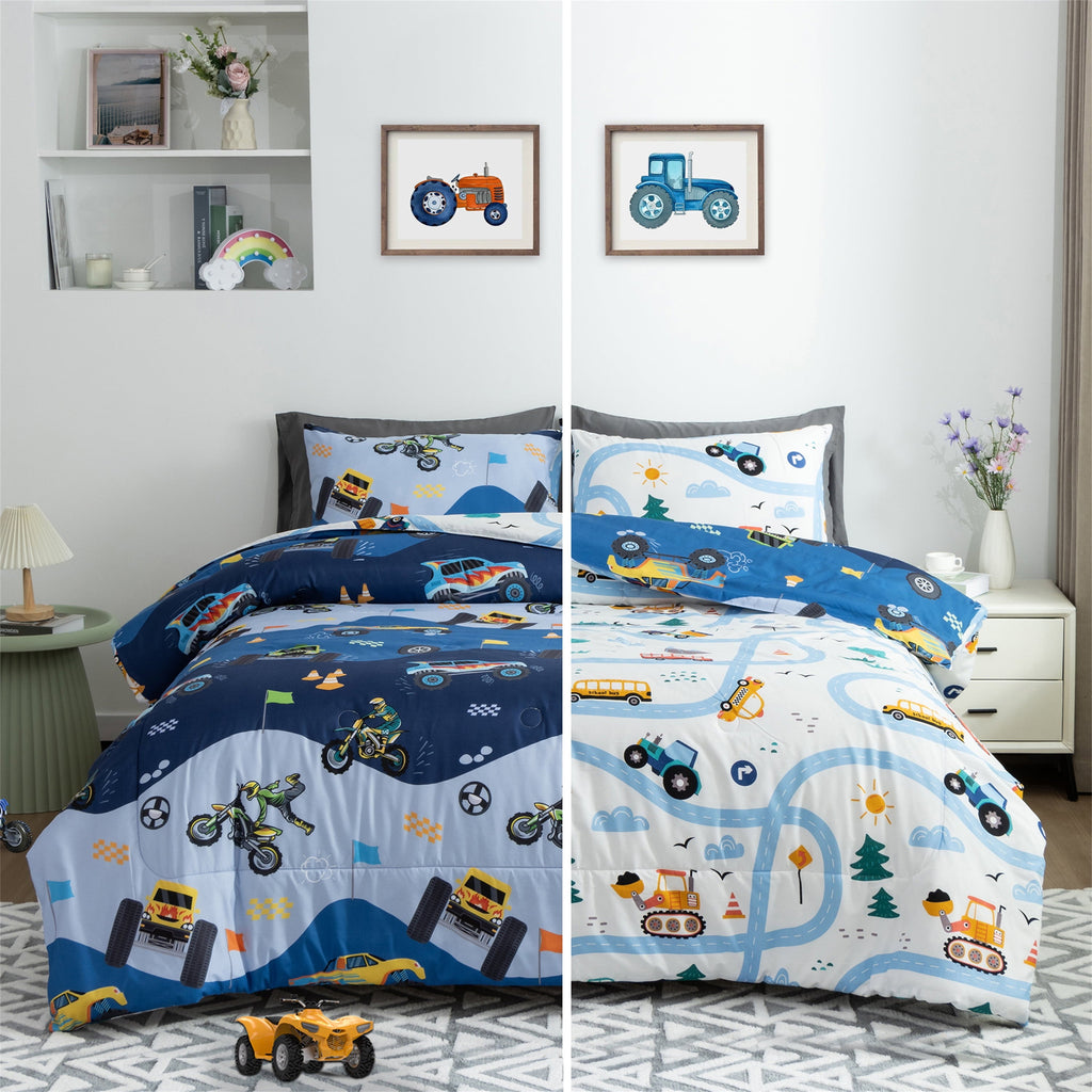 All-Season 3Pcs Reversible Construction Truck Twin Comforter Set for Boys Kids Excavator Vehicle Motorcycle Bedding Set Blue - Hypoallergenic Ultra-Fluffy Quilt for Winter Detail
