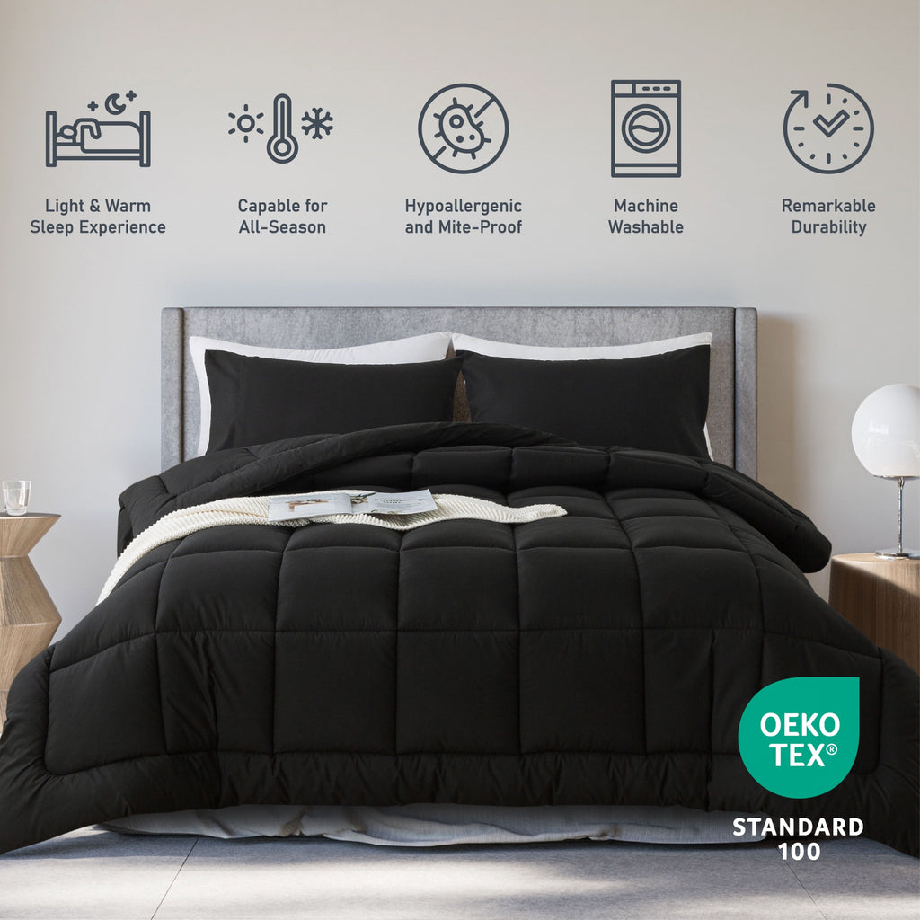 Luxurious Quilted Queen Size 3-Piece All-Season Down Alternative Comforter Set Deep Black (Comforter and Pillowcase Bedding Set / bed i... - Luxurious Quilted Duvet Cover Set Detail
