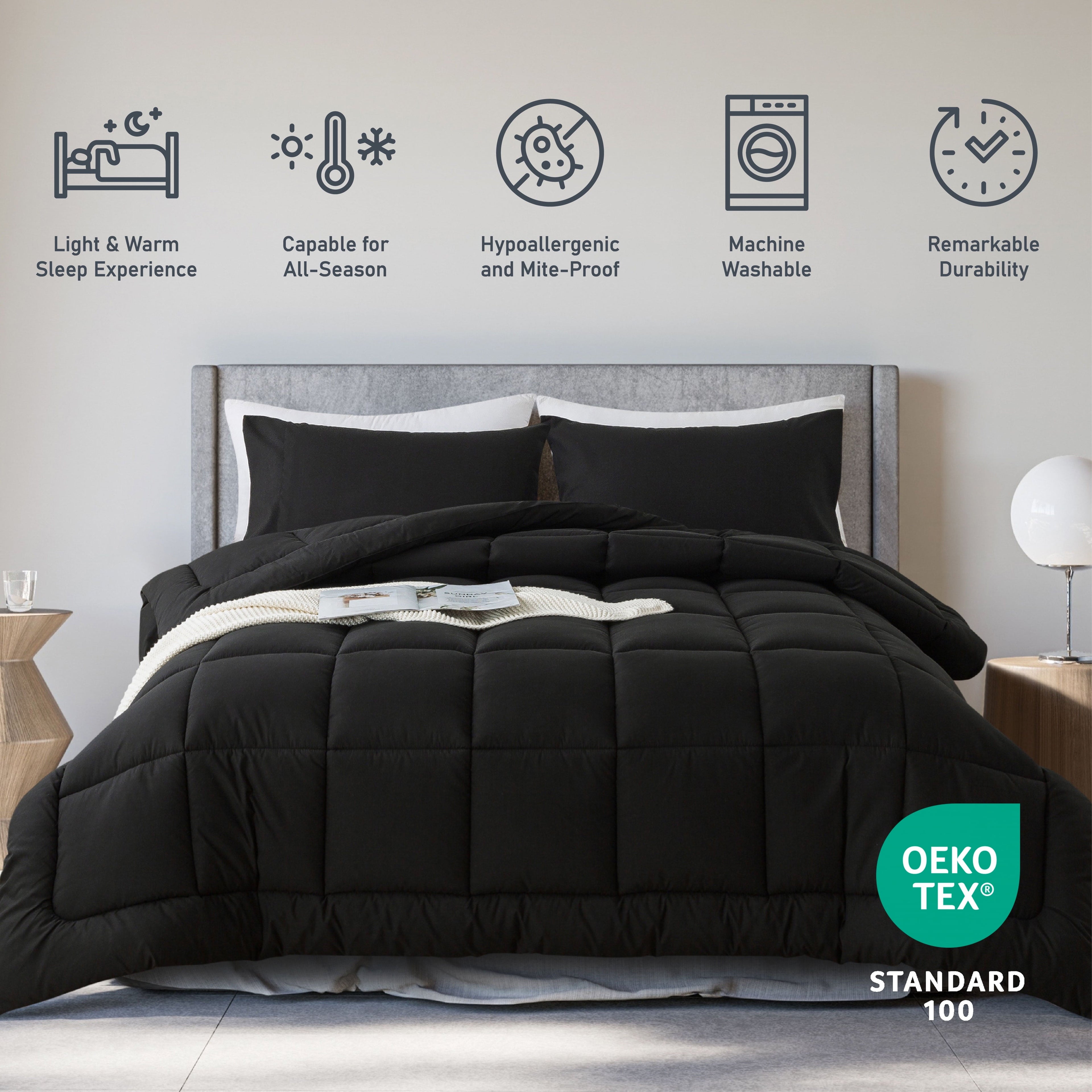 Luxurious Quilted Queen Size 3-Piece All-Season Down Alternative Comforter Set Deep Black (Comforter and Pillowcase Bedding Set / bed i... - Luxurious Quilted Duvet Cover Set Detail