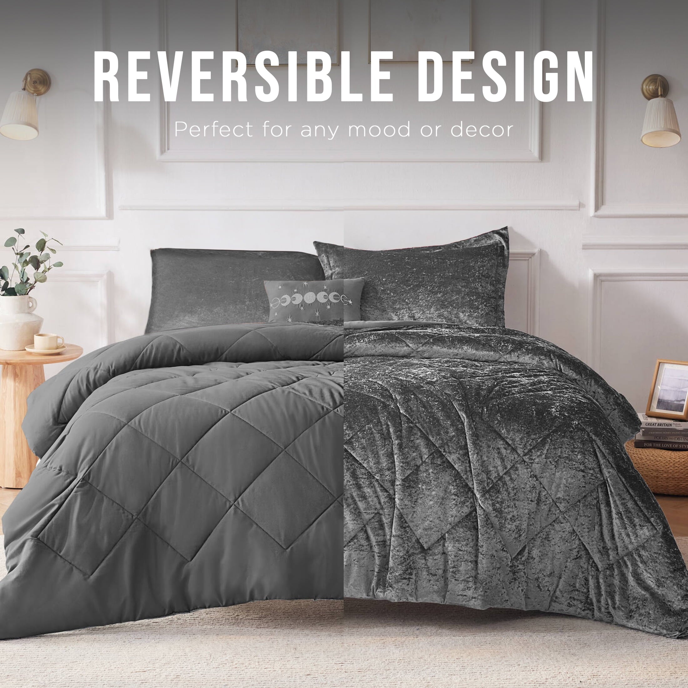 Fluffy Down Alternative King/Cal King Size Comforter Sets, Velvet Bedding Comforter Set for All Seasons, Grey Bedding Set with Decor Pillow, ... - Hypoallergenic Ultra-Fluffy Quilt for Winter Detail